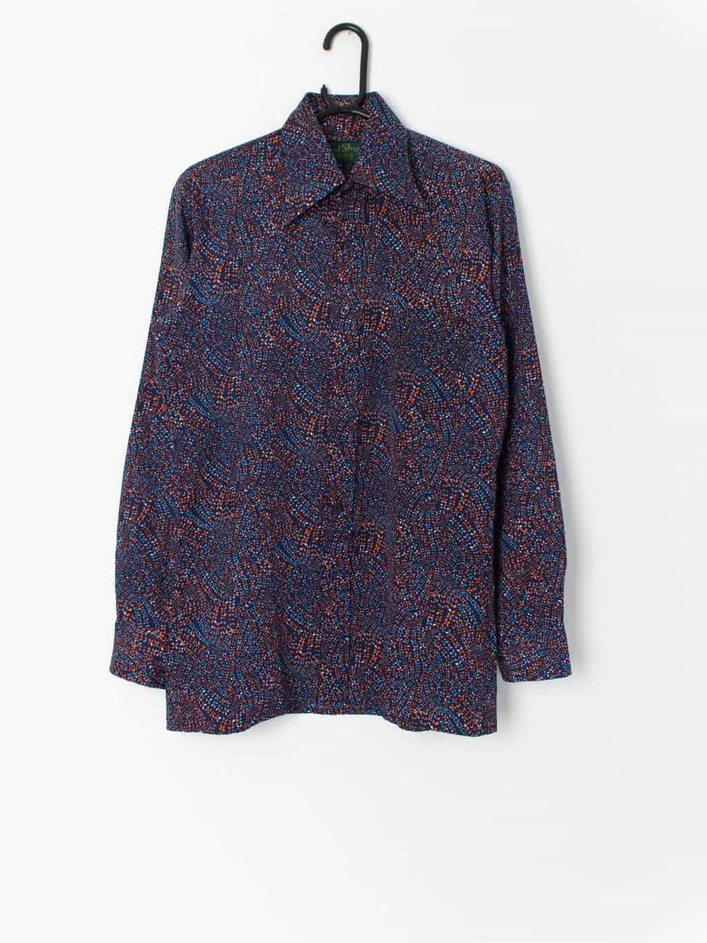 70s Vintage floral print shirt in navy with long sleeves – Medium