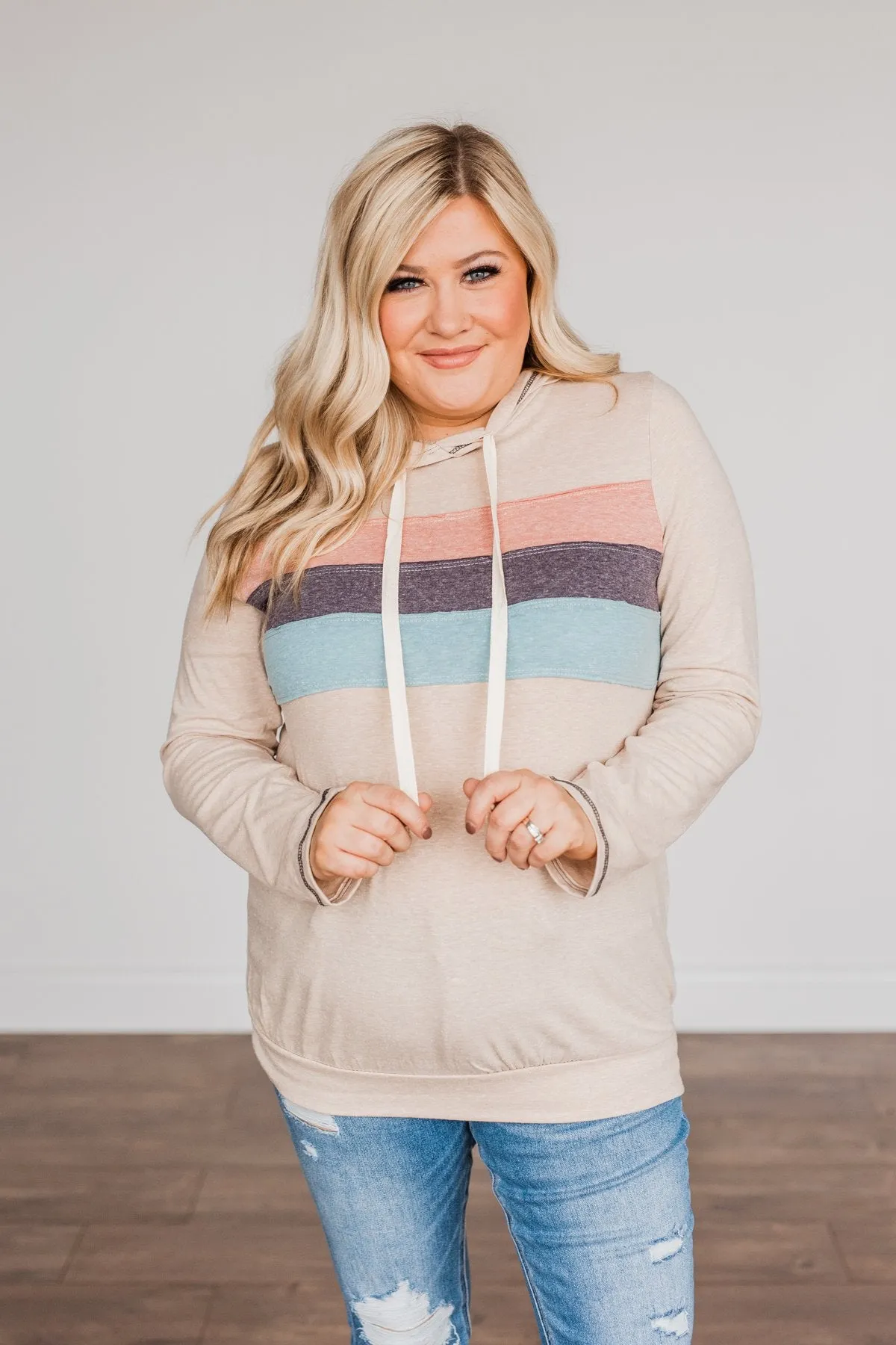 All Over This Striped Hooded Top- Taupe