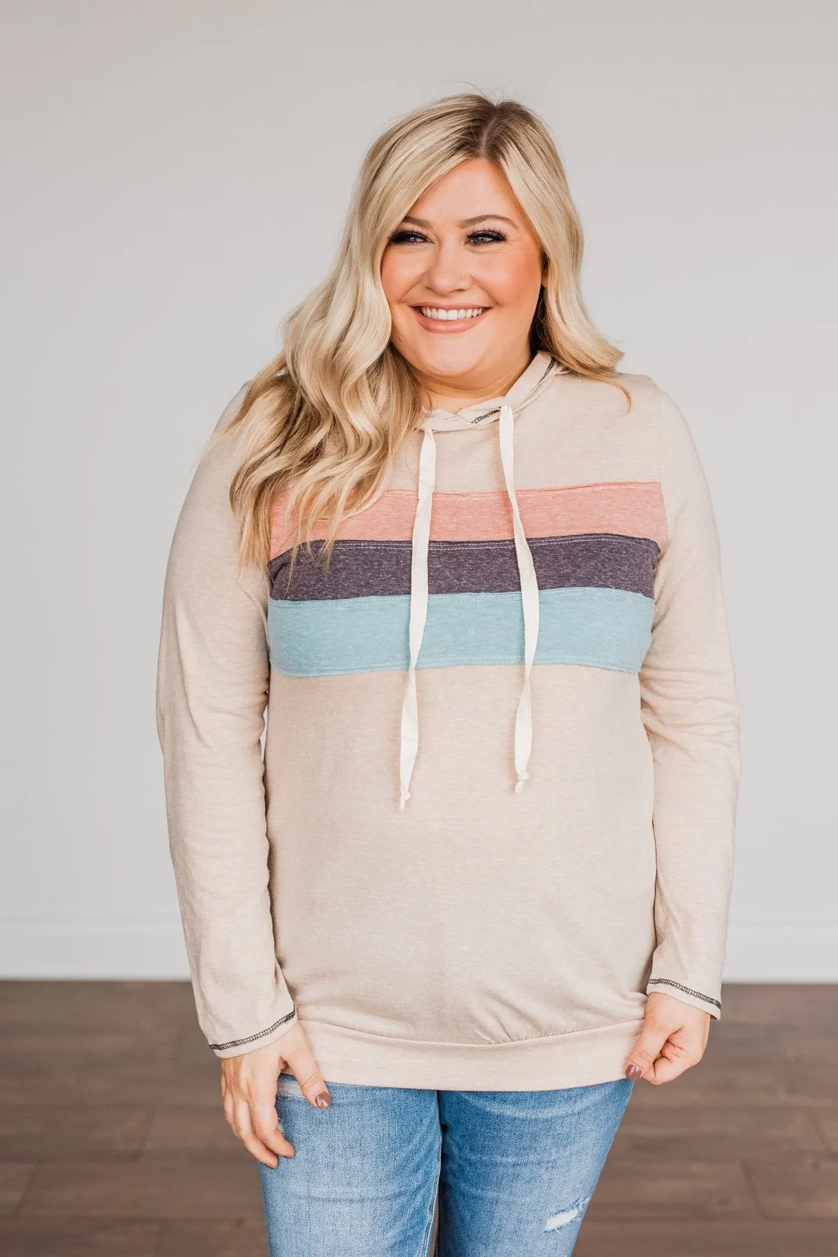 All Over This Striped Hooded Top- Taupe