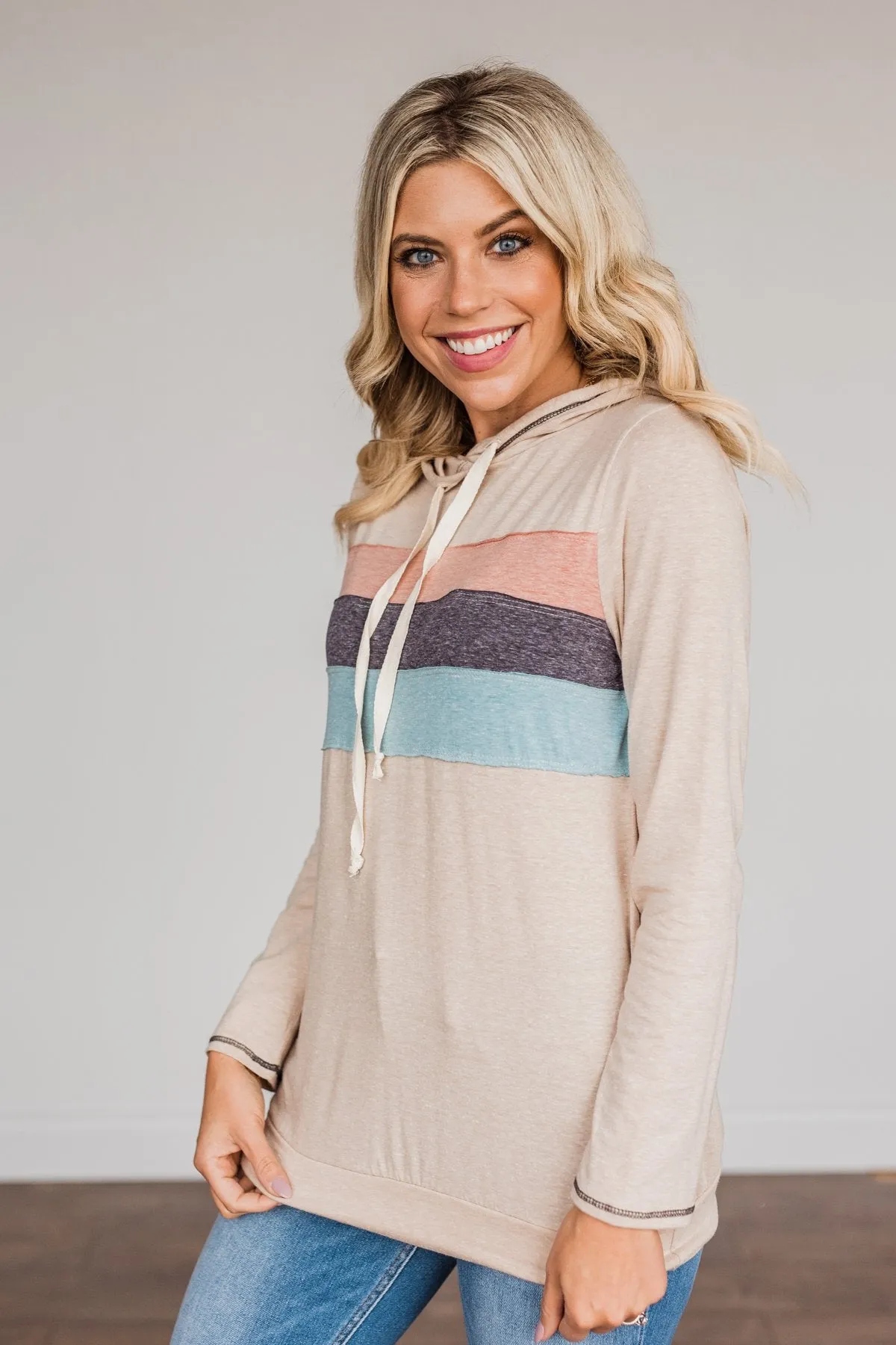 All Over This Striped Hooded Top- Taupe