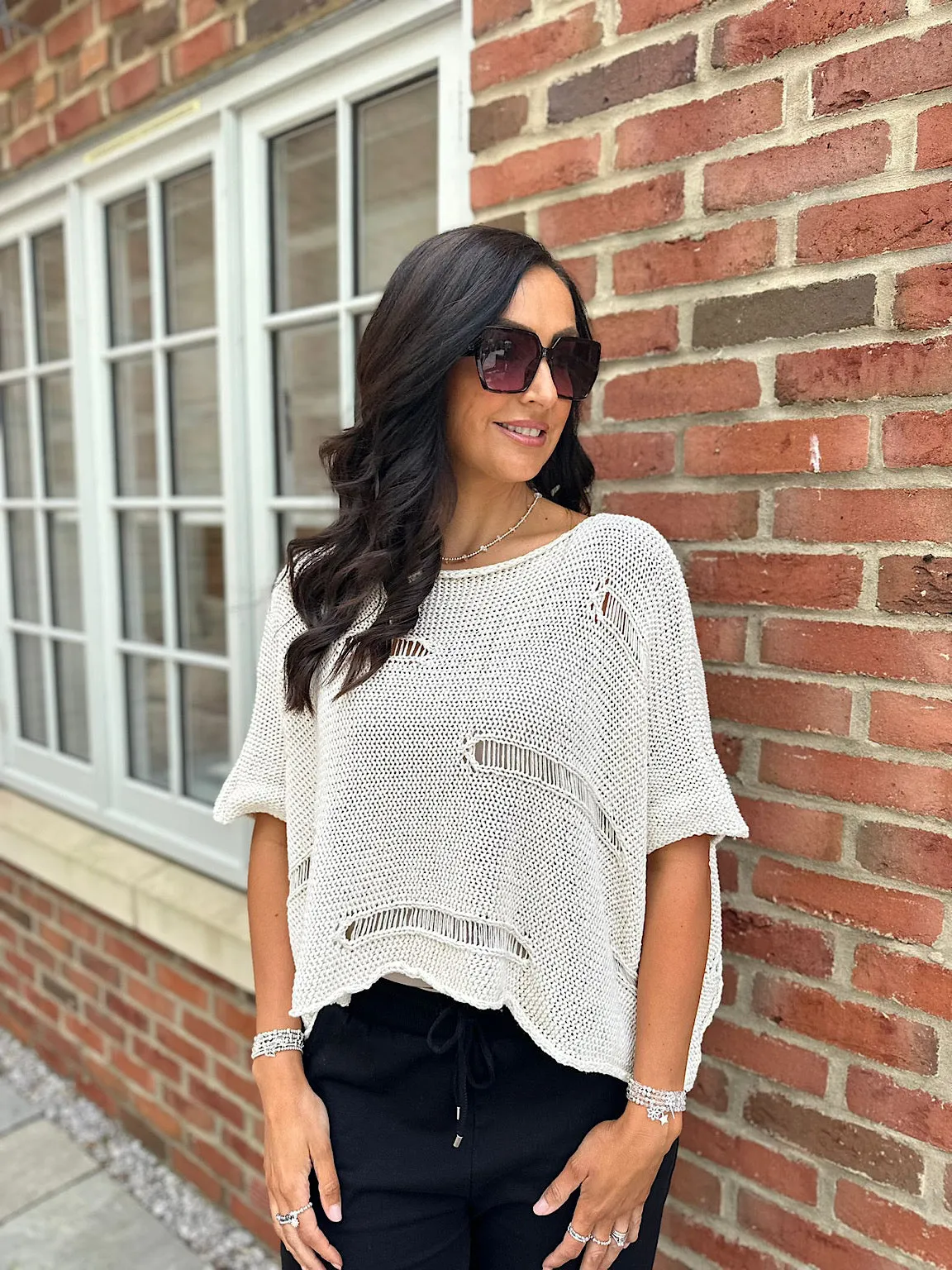 Antique Cream Cropped Distressed Knit Gracie