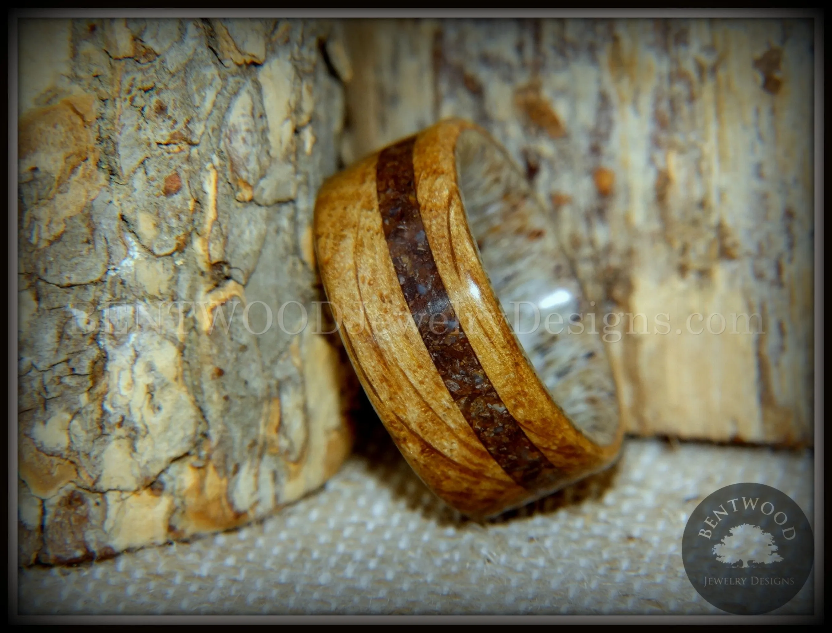 Bentwood Ring - Dino Hunter Whiskey Oak Barrel Oak, Deer Antler and Dinosaur Fossil