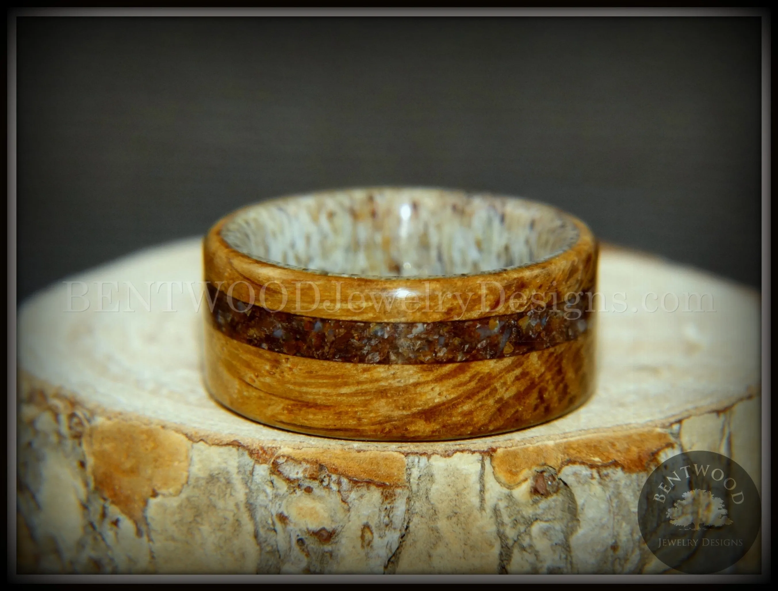 Bentwood Ring - Dino Hunter Whiskey Oak Barrel Oak, Deer Antler and Dinosaur Fossil