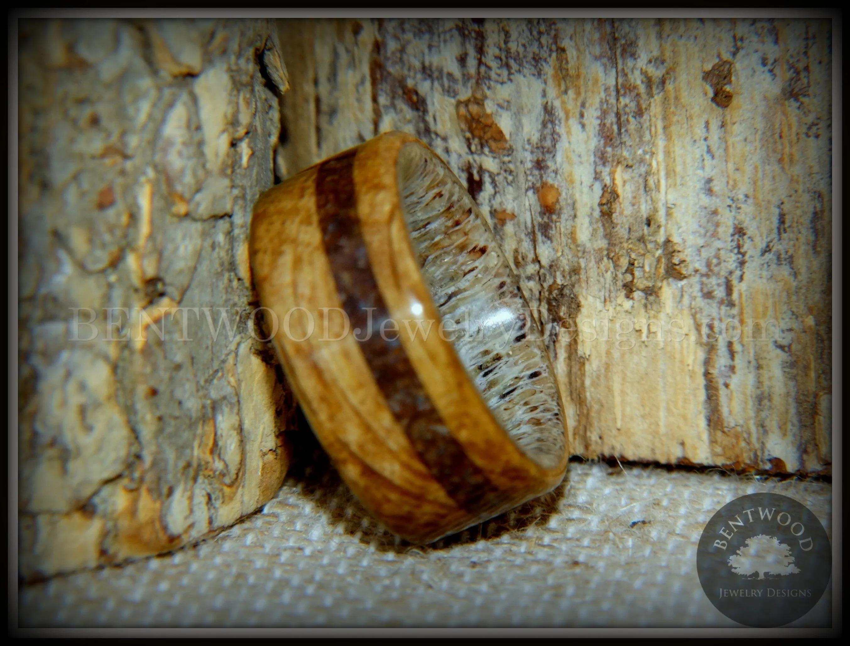 Bentwood Ring - Dino Hunter Whiskey Oak Barrel Oak, Deer Antler and Dinosaur Fossil