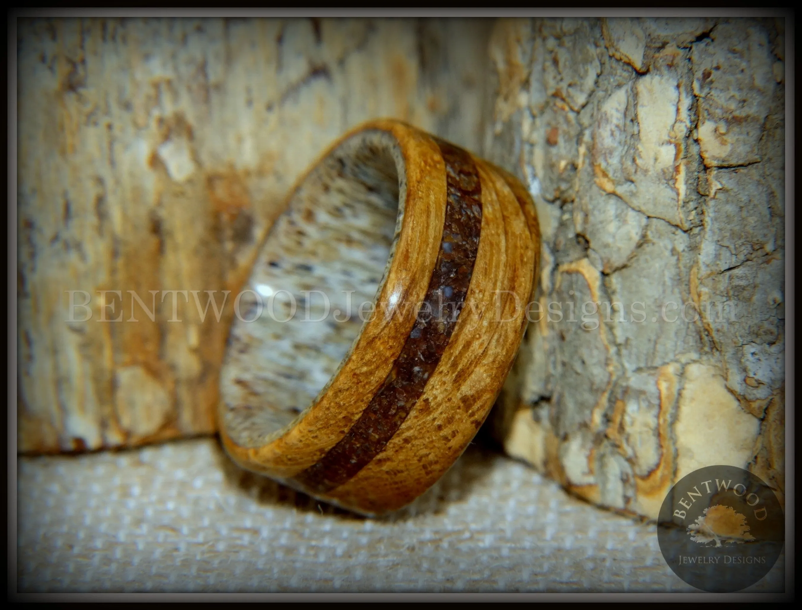 Bentwood Ring - Dino Hunter Whiskey Oak Barrel Oak, Deer Antler and Dinosaur Fossil