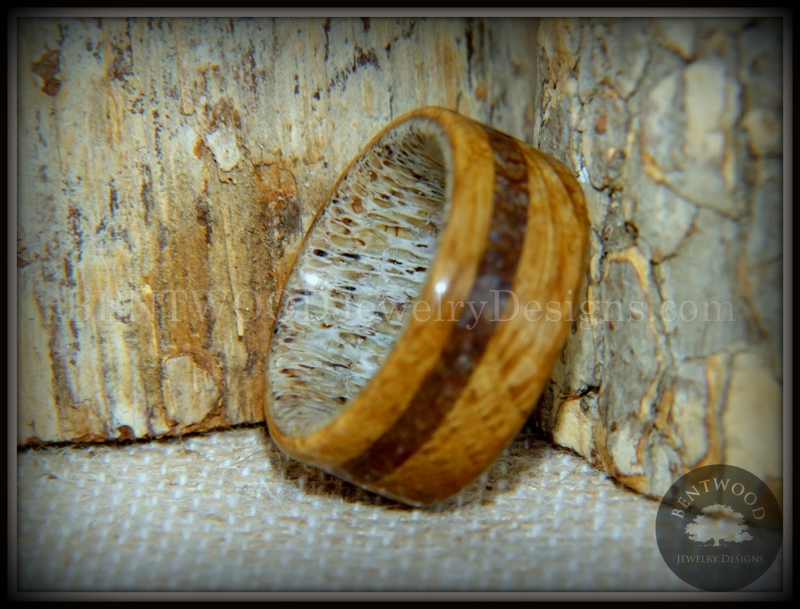 Bentwood Ring - Dino Hunter Whiskey Oak Barrel Oak, Deer Antler and Dinosaur Fossil