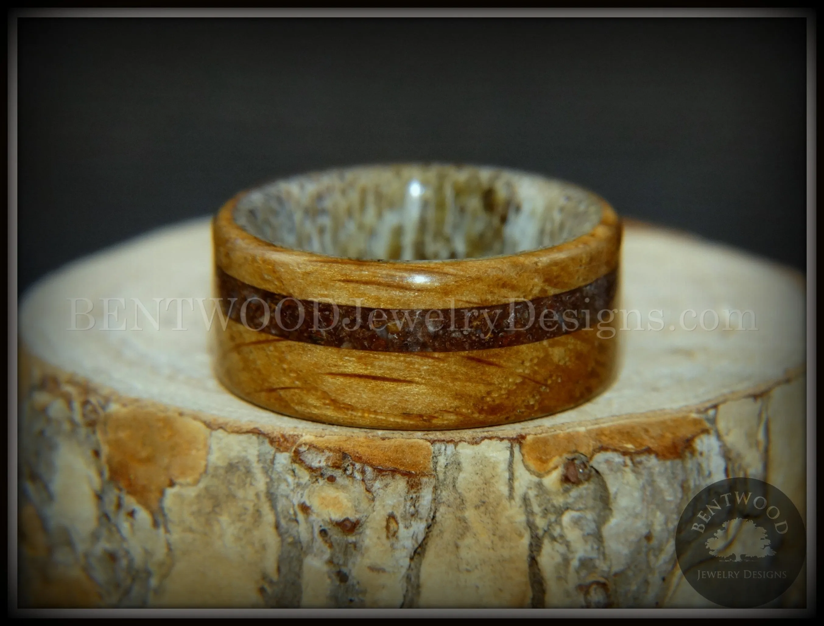 Bentwood Ring - Dino Hunter Whiskey Oak Barrel Oak, Deer Antler and Dinosaur Fossil