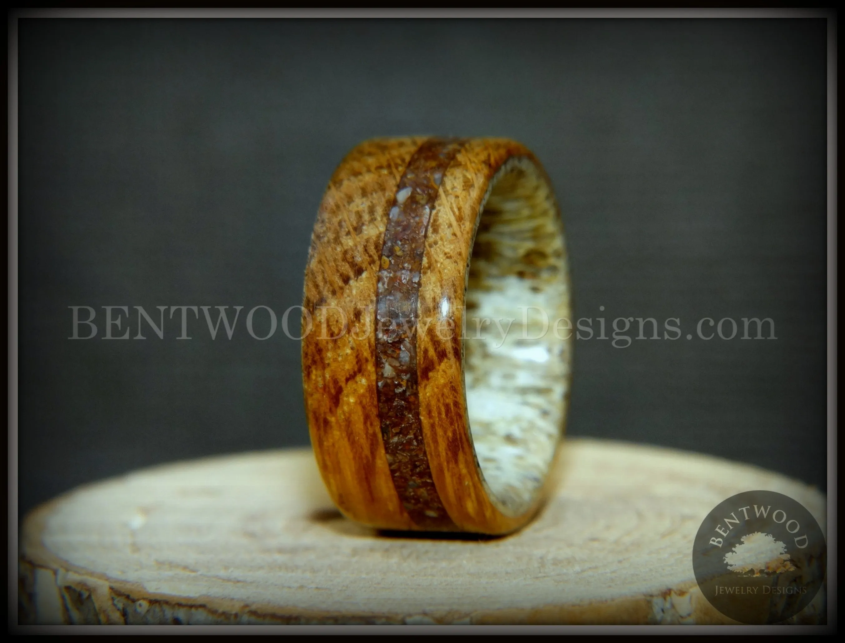 Bentwood Ring - Dino Hunter Whiskey Oak Barrel Oak, Deer Antler and Dinosaur Fossil