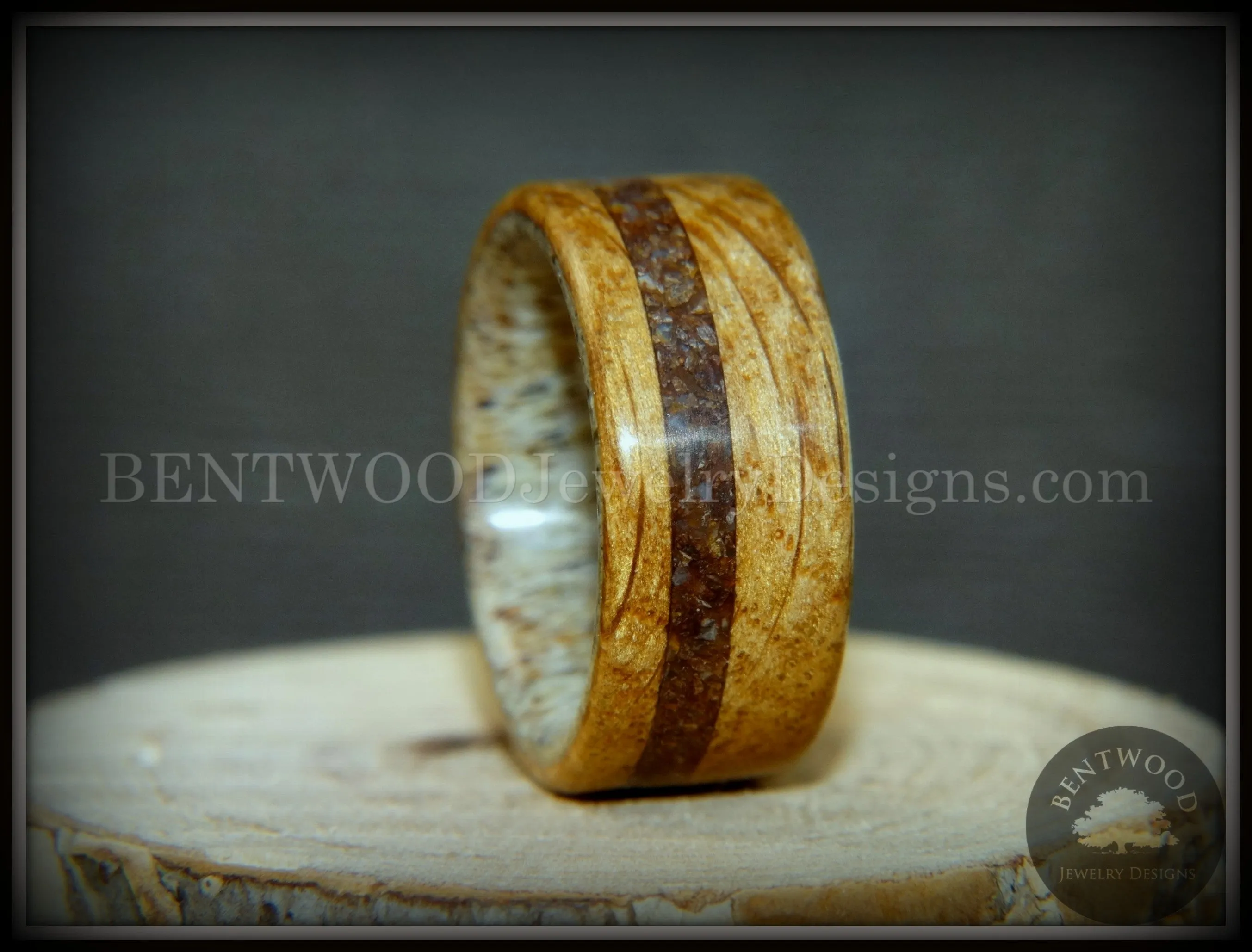 Bentwood Ring - Dino Hunter Whiskey Oak Barrel Oak, Deer Antler and Dinosaur Fossil