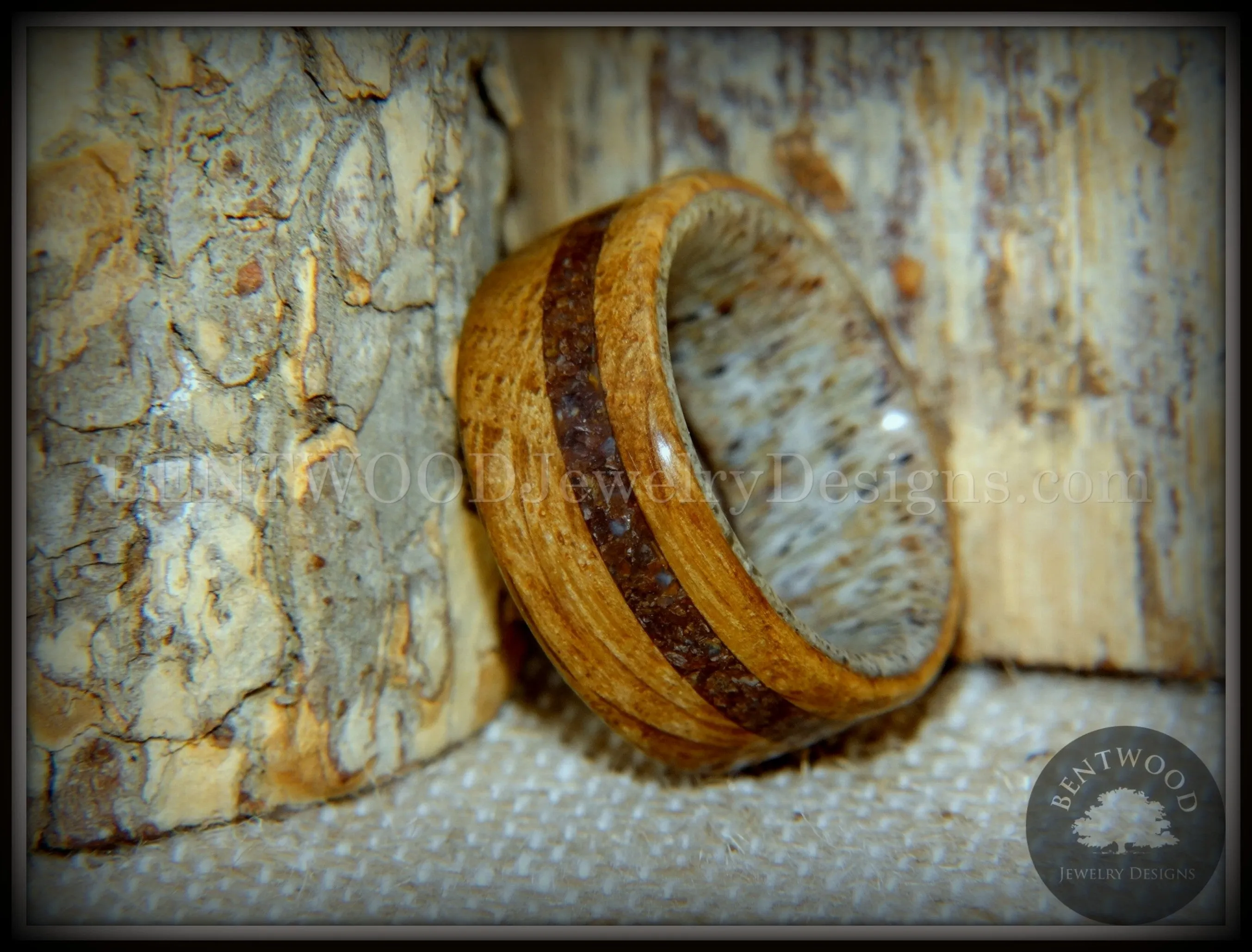 Bentwood Ring - Dino Hunter Whiskey Oak Barrel Oak, Deer Antler and Dinosaur Fossil