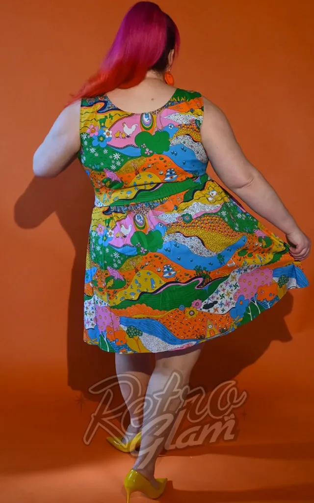 Blue Platypus Fit & Flare Midi Dress in Landscape Rainbow Farm - 2XL left only