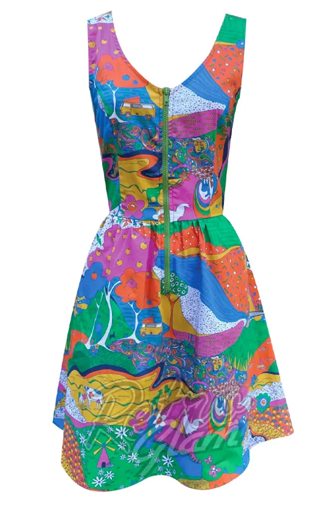 Blue Platypus Fit & Flare Midi Dress in Landscape Rainbow Farm - 2XL left only