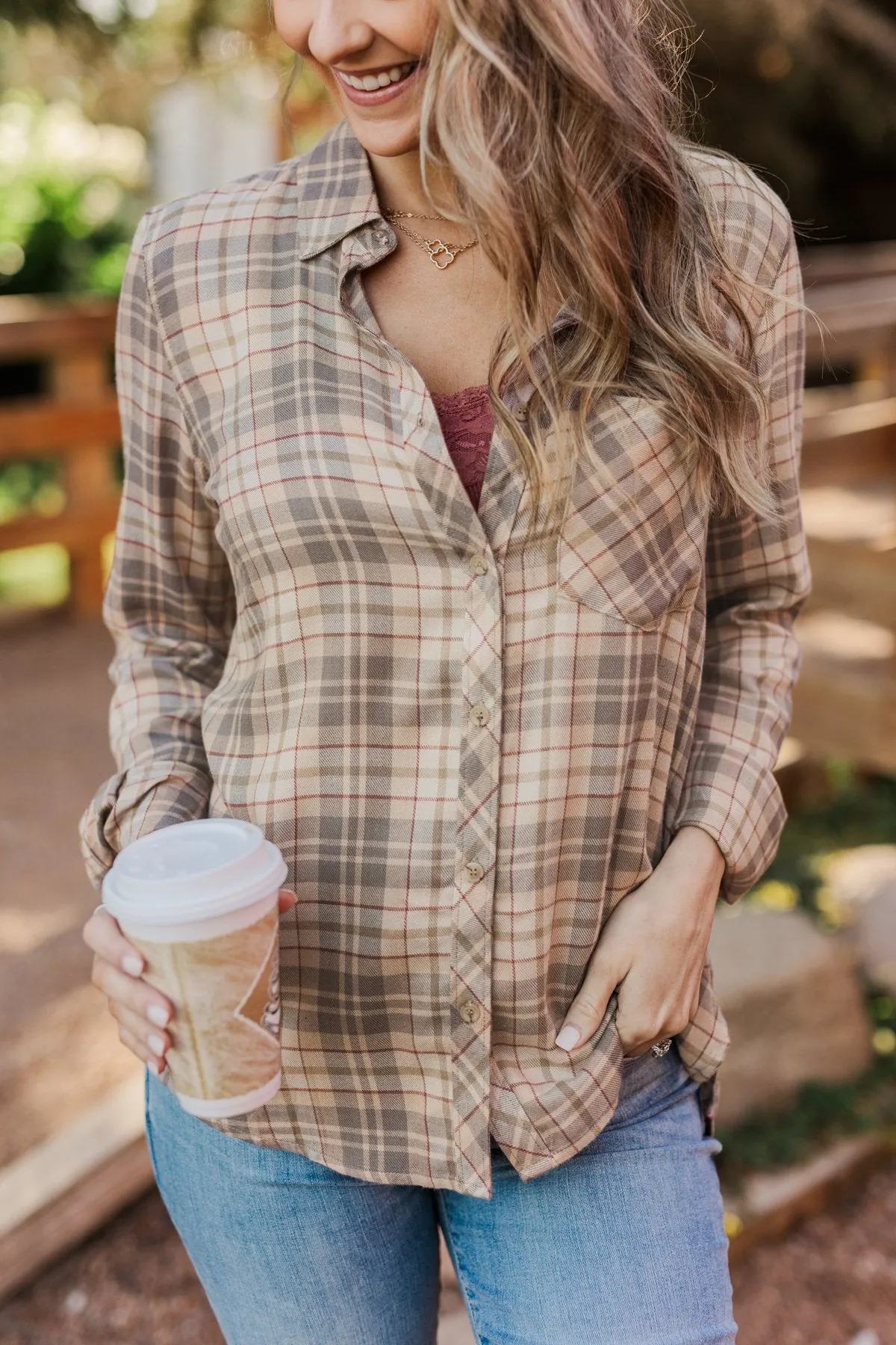 Bonfire Kisses Plaid Button Down Top- Beige, Taupe & Rust