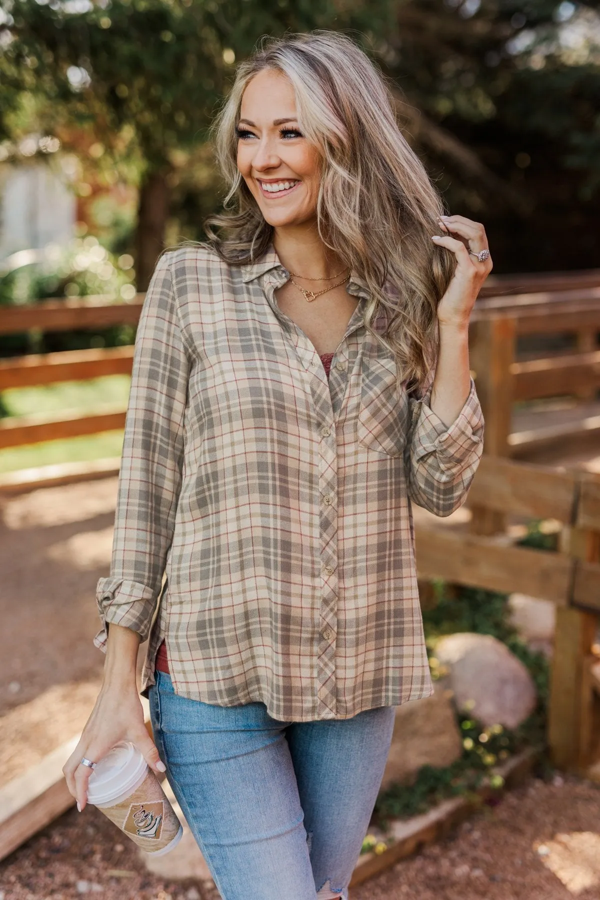 Bonfire Kisses Plaid Button Down Top- Beige, Taupe & Rust