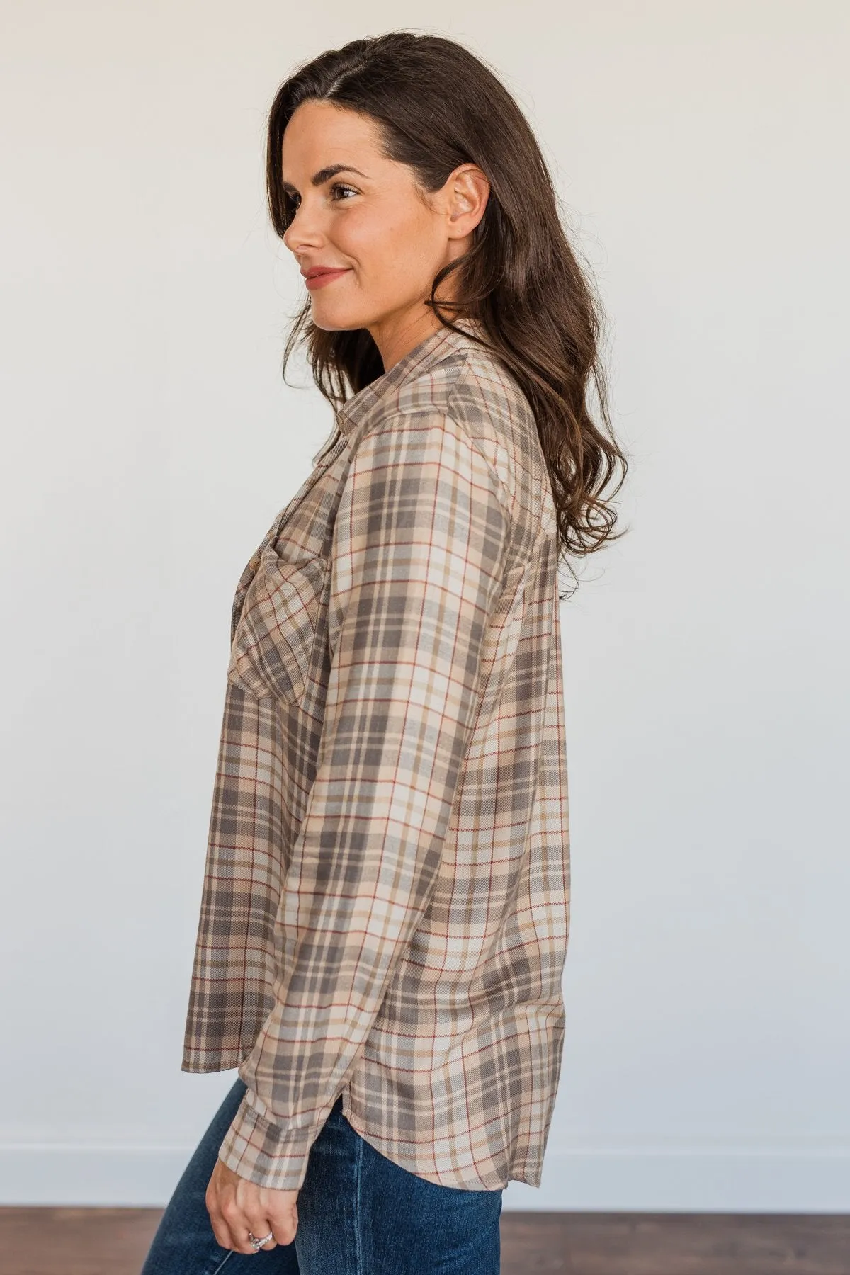 Bonfire Kisses Plaid Button Down Top- Beige, Taupe & Rust