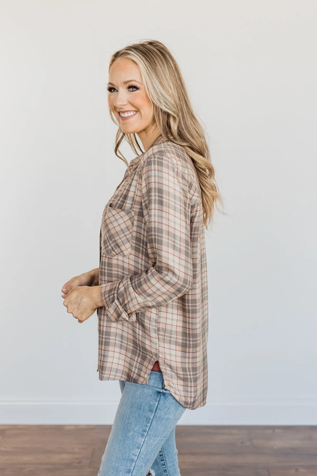 Bonfire Kisses Plaid Button Down Top- Beige, Taupe & Rust