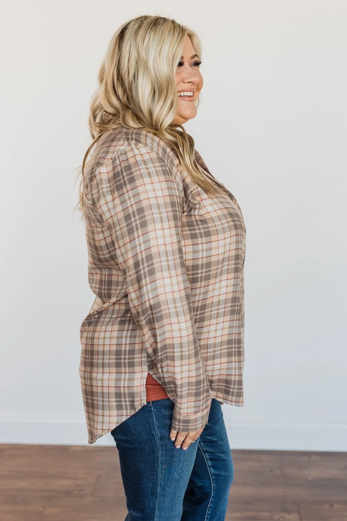 Bonfire Kisses Plaid Button Down Top- Beige, Taupe & Rust