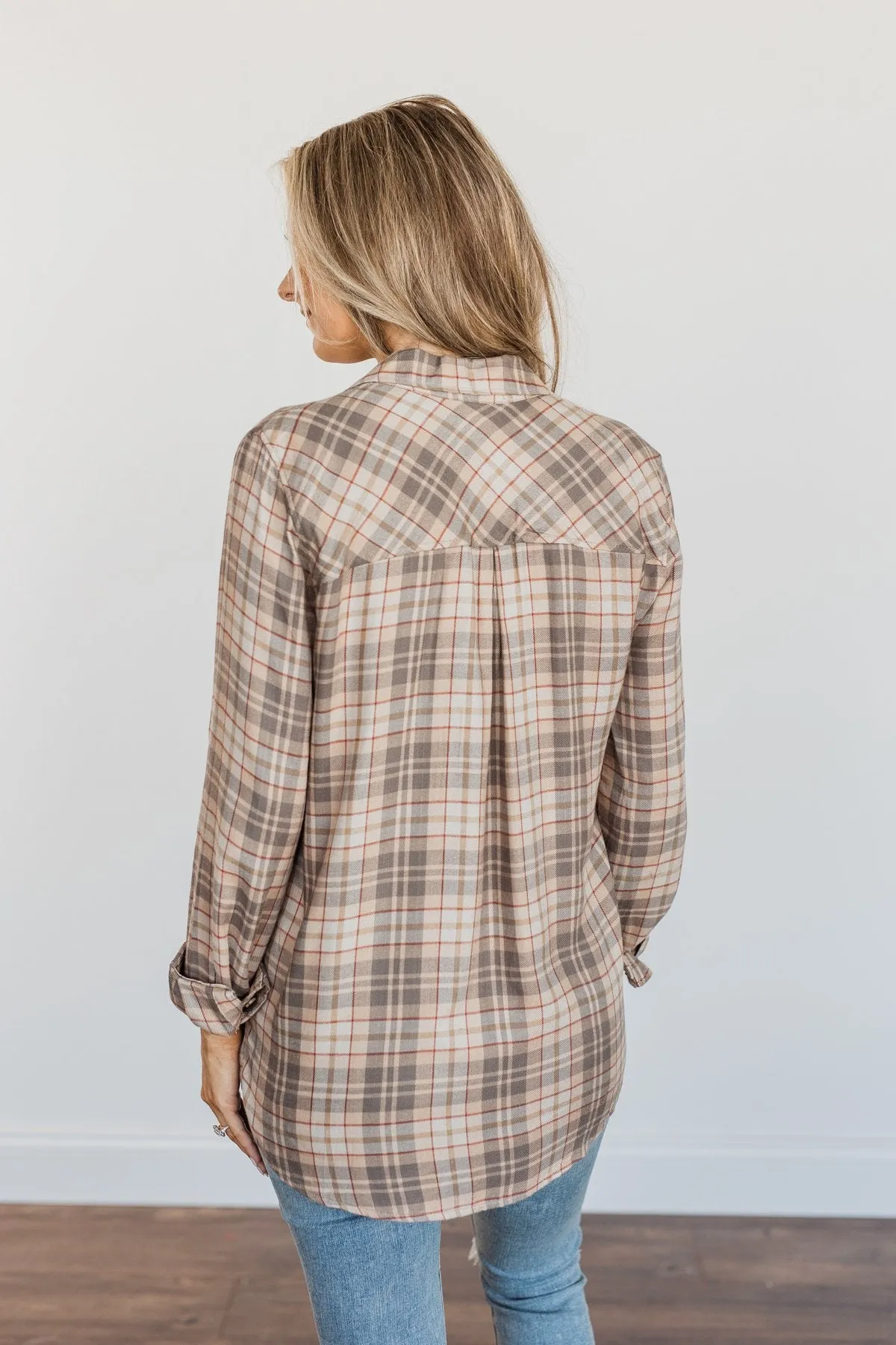 Bonfire Kisses Plaid Button Down Top- Beige, Taupe & Rust