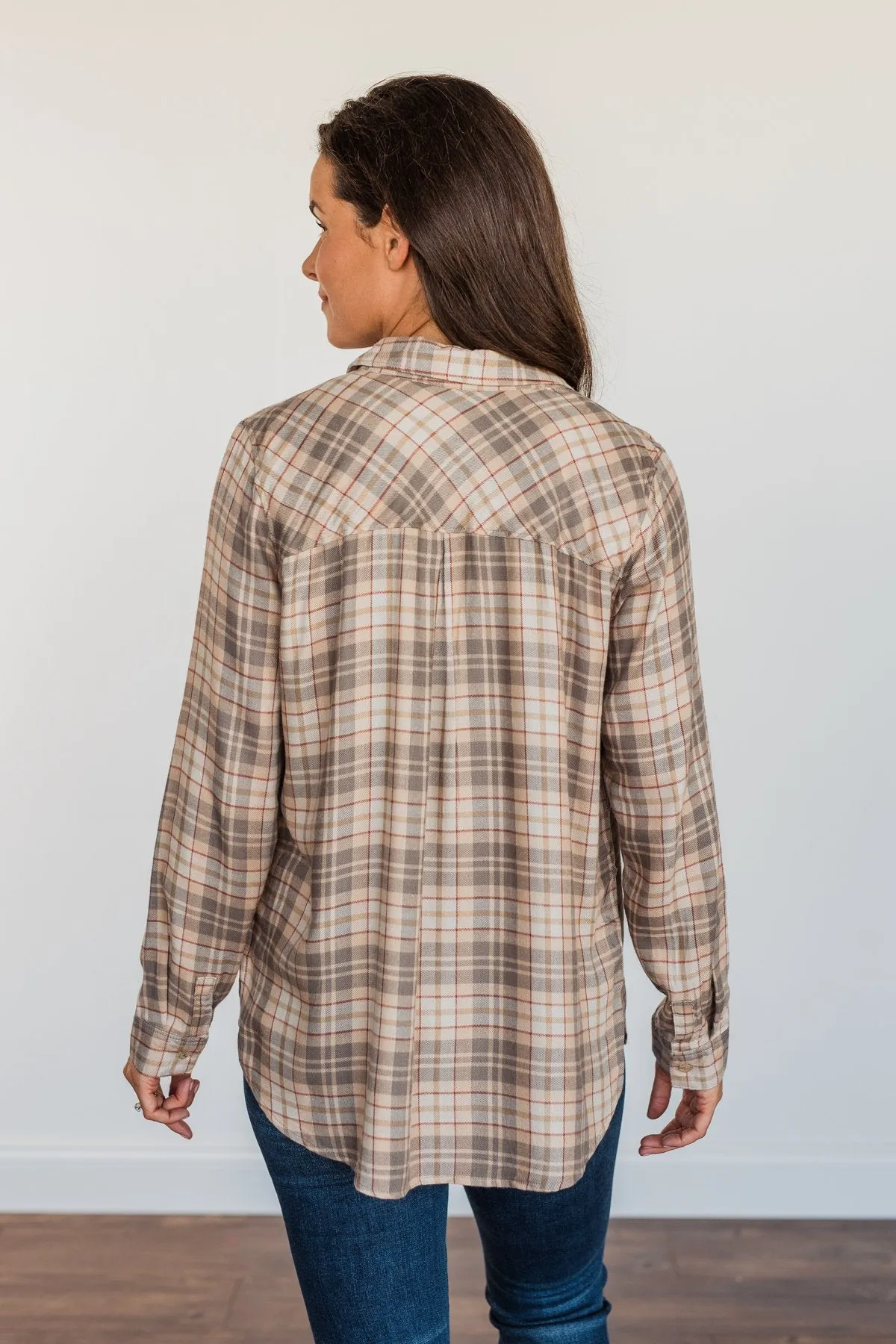 Bonfire Kisses Plaid Button Down Top- Beige, Taupe & Rust