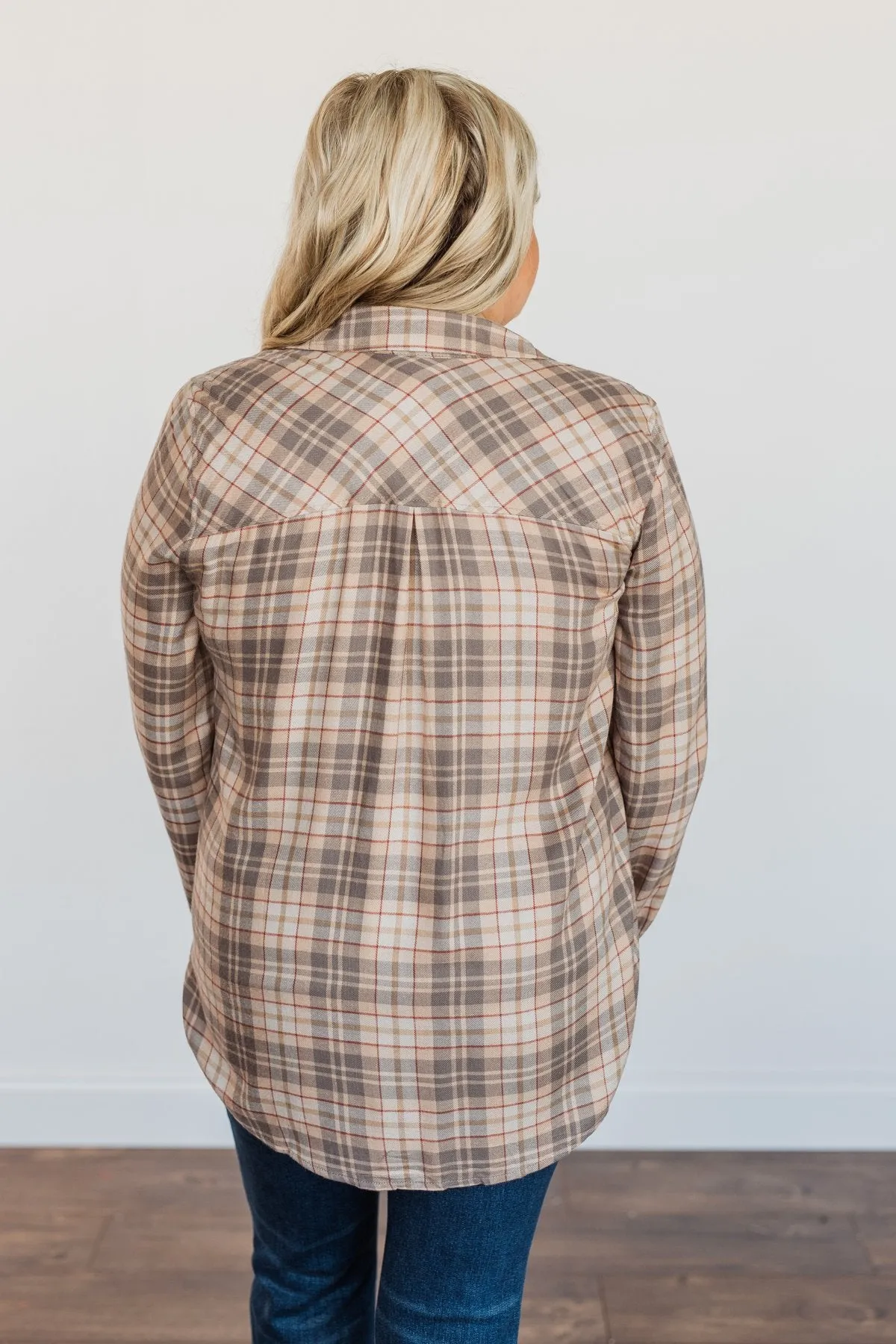 Bonfire Kisses Plaid Button Down Top- Beige, Taupe & Rust