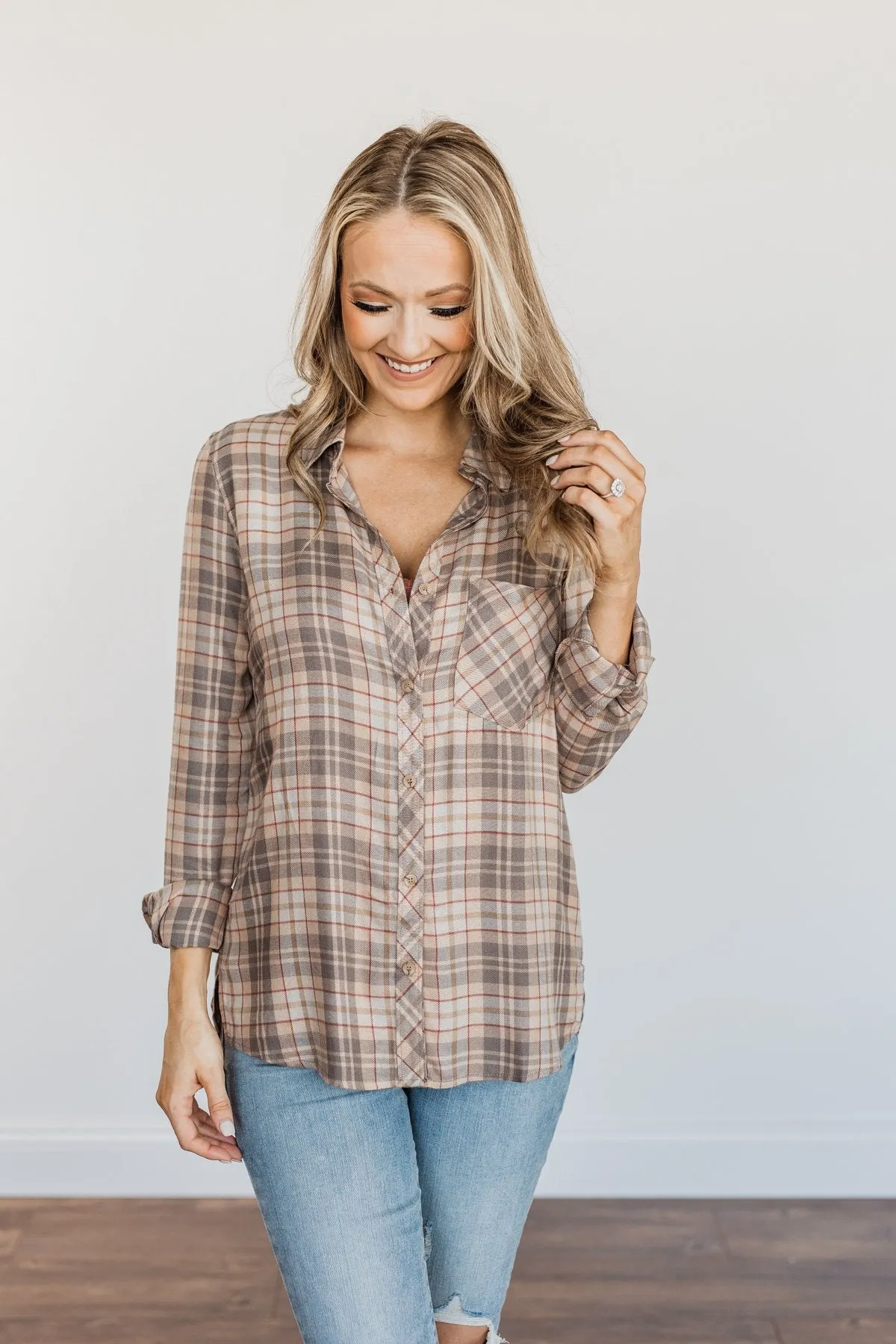 Bonfire Kisses Plaid Button Down Top- Beige, Taupe & Rust