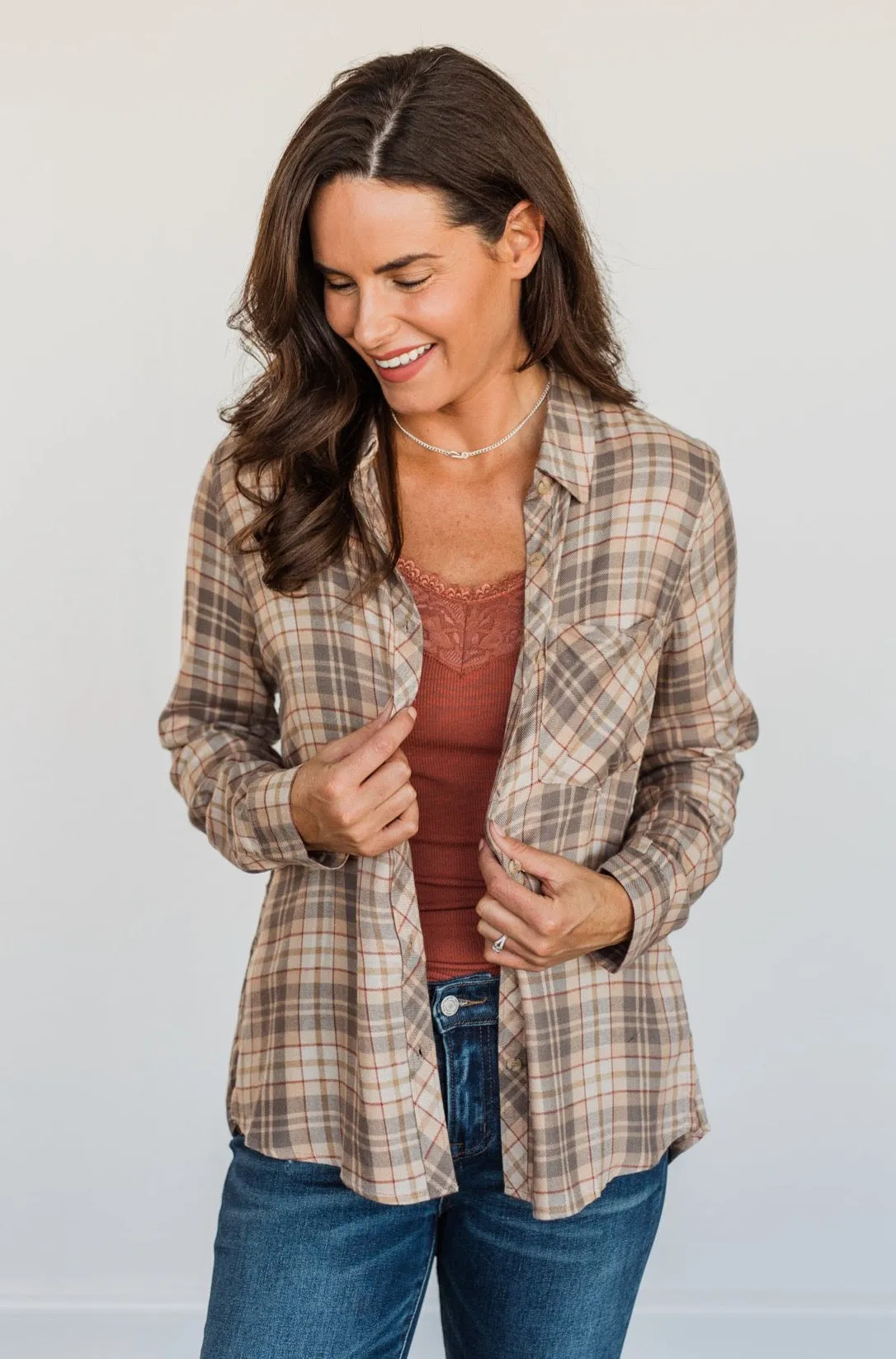 Bonfire Kisses Plaid Button Down Top- Beige, Taupe & Rust