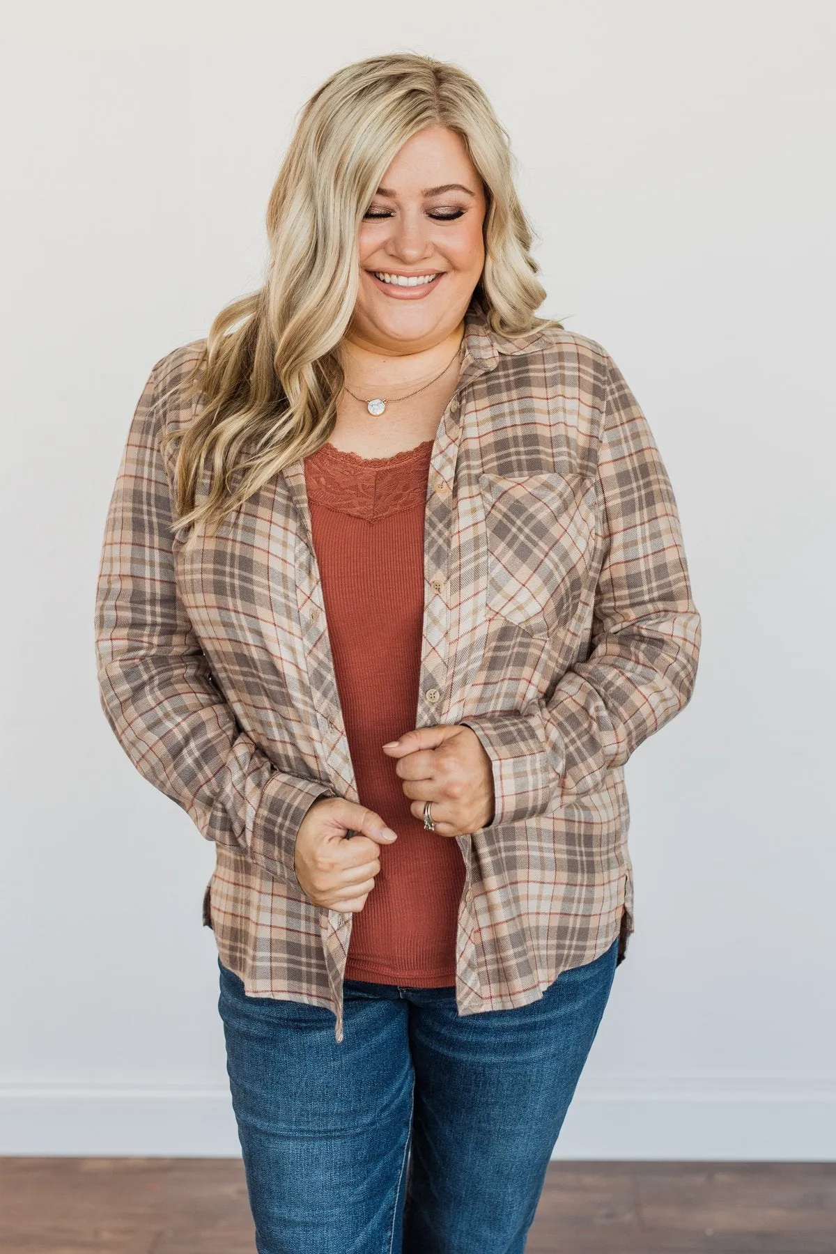 Bonfire Kisses Plaid Button Down Top- Beige, Taupe & Rust