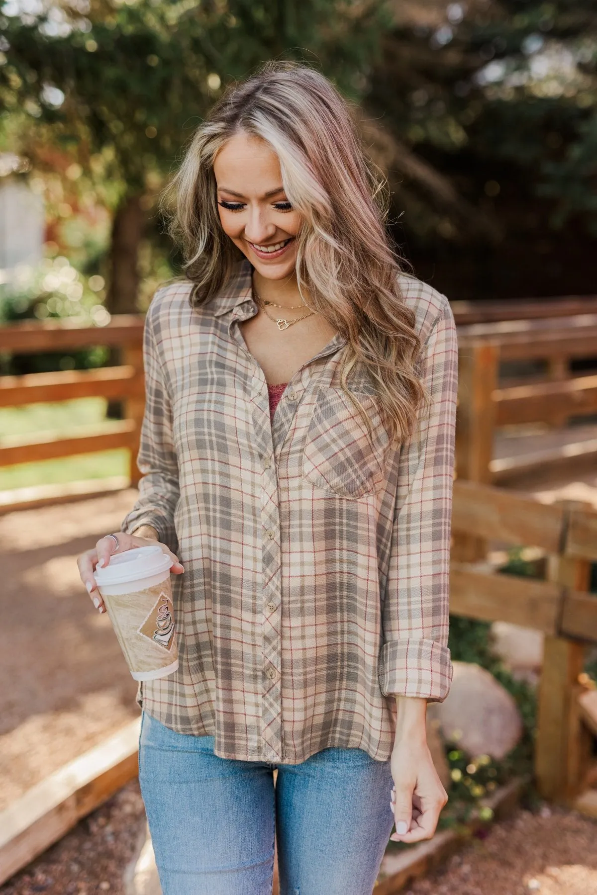 Bonfire Kisses Plaid Button Down Top- Beige, Taupe & Rust