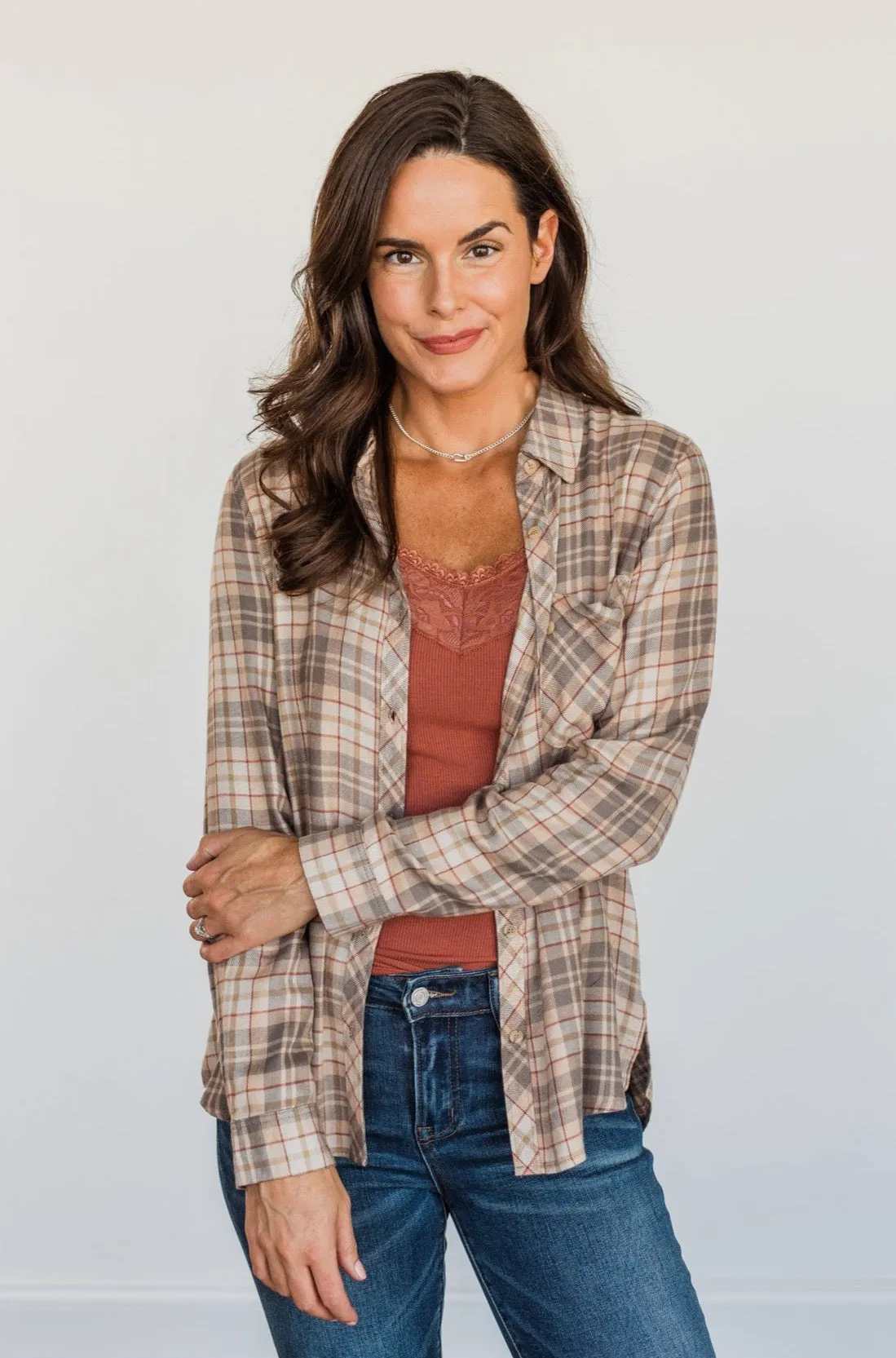 Bonfire Kisses Plaid Button Down Top- Beige, Taupe & Rust