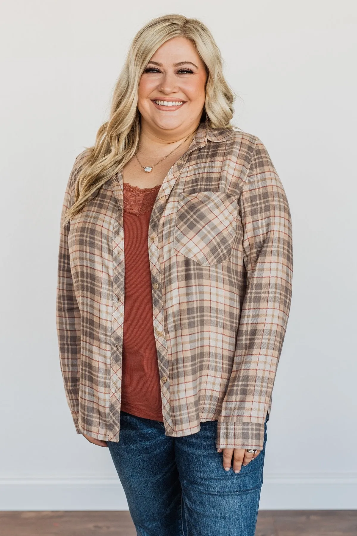 Bonfire Kisses Plaid Button Down Top- Beige, Taupe & Rust