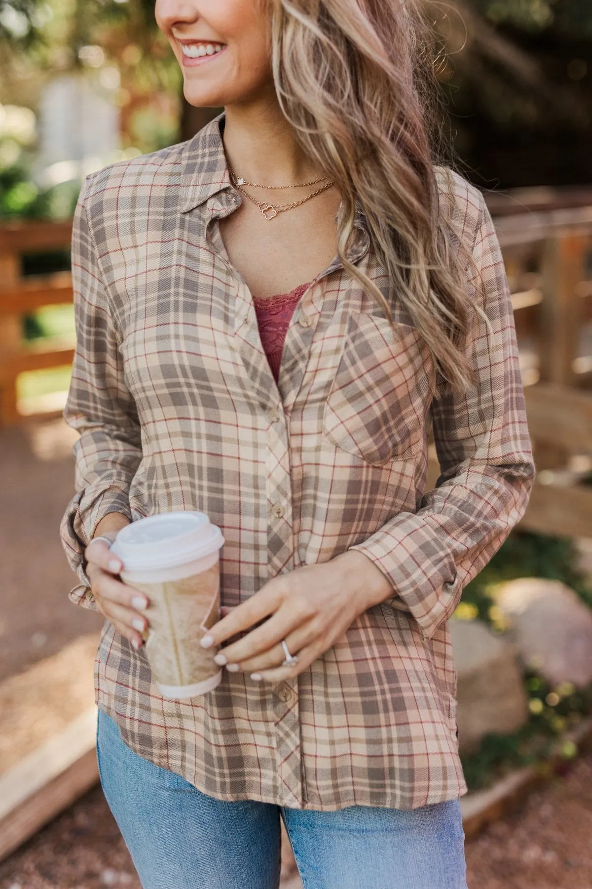 Bonfire Kisses Plaid Button Down Top- Beige, Taupe & Rust