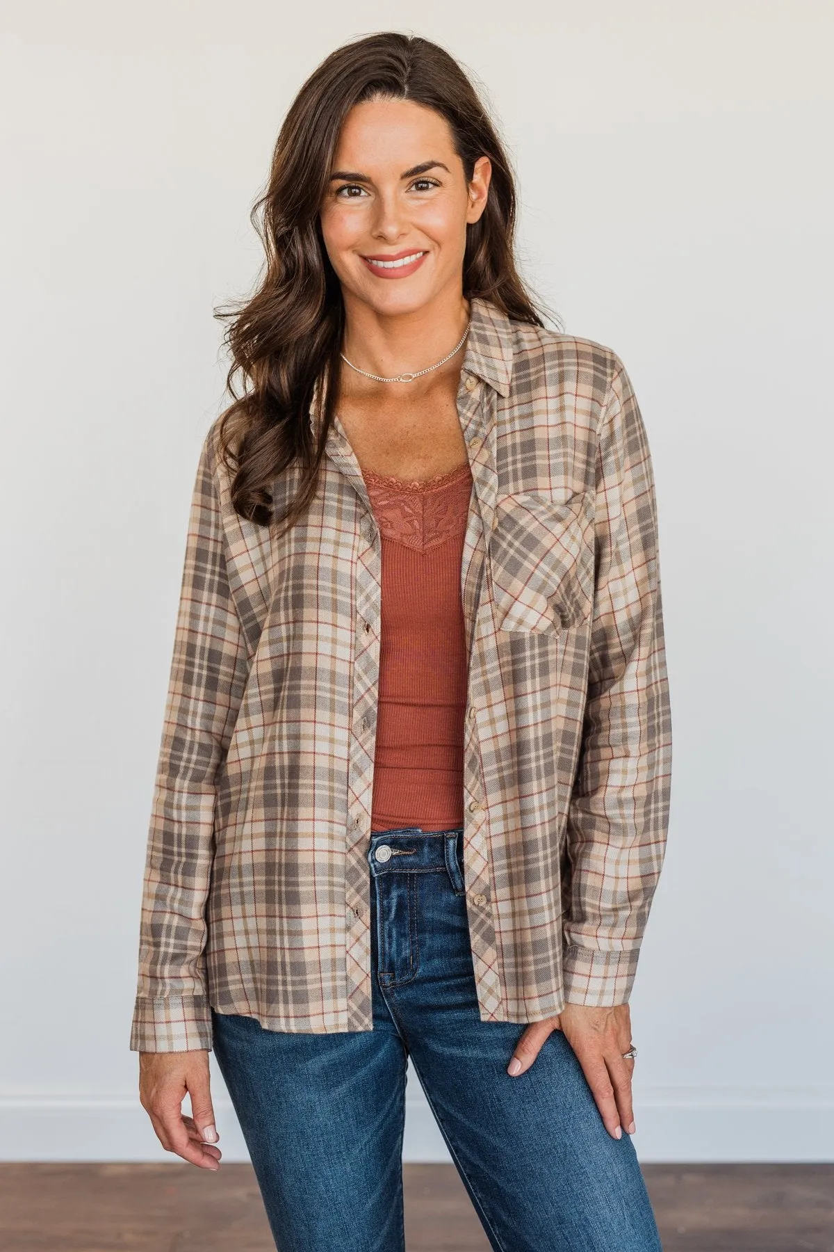 Bonfire Kisses Plaid Button Down Top- Beige, Taupe & Rust