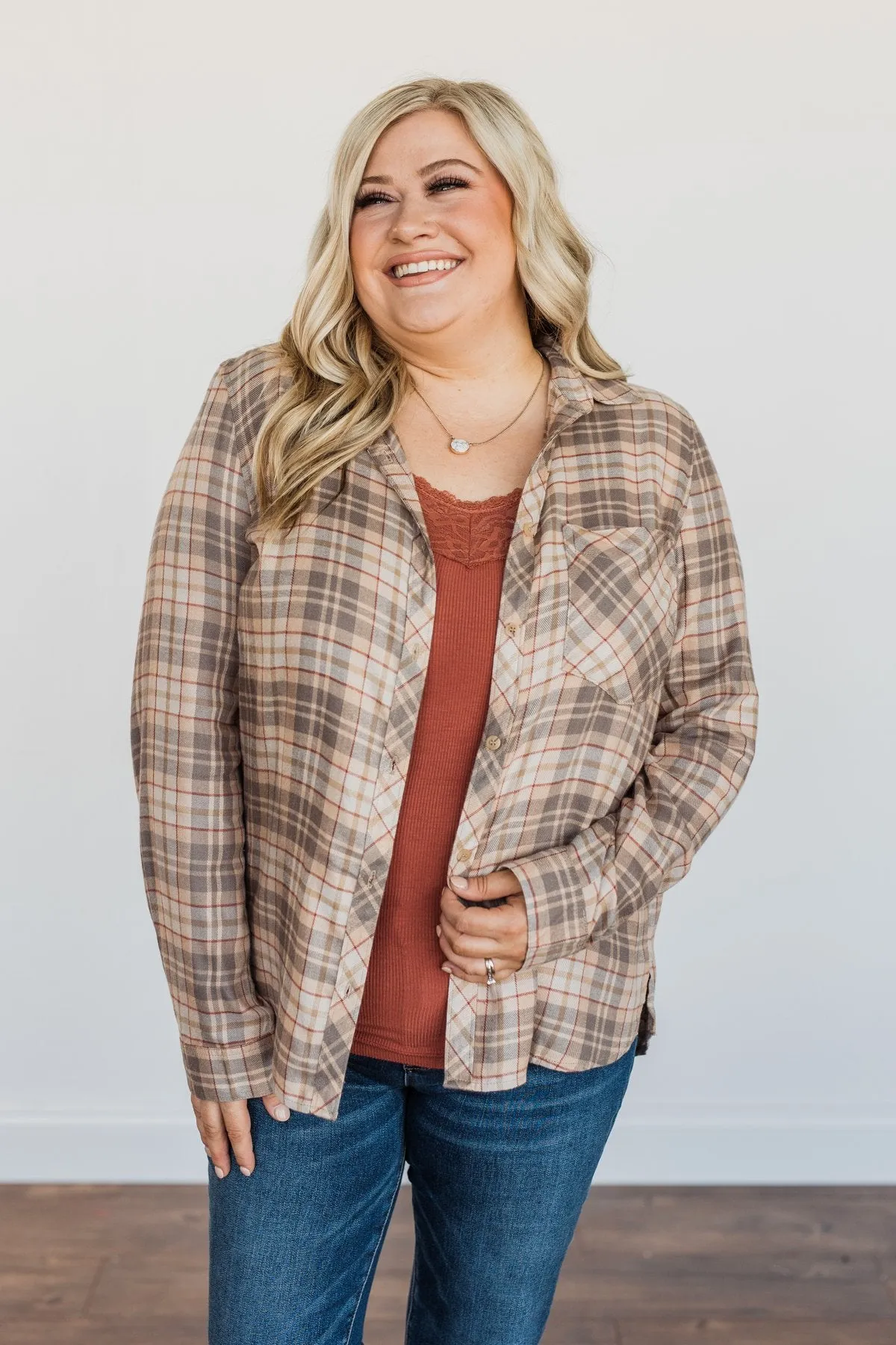 Bonfire Kisses Plaid Button Down Top- Beige, Taupe & Rust