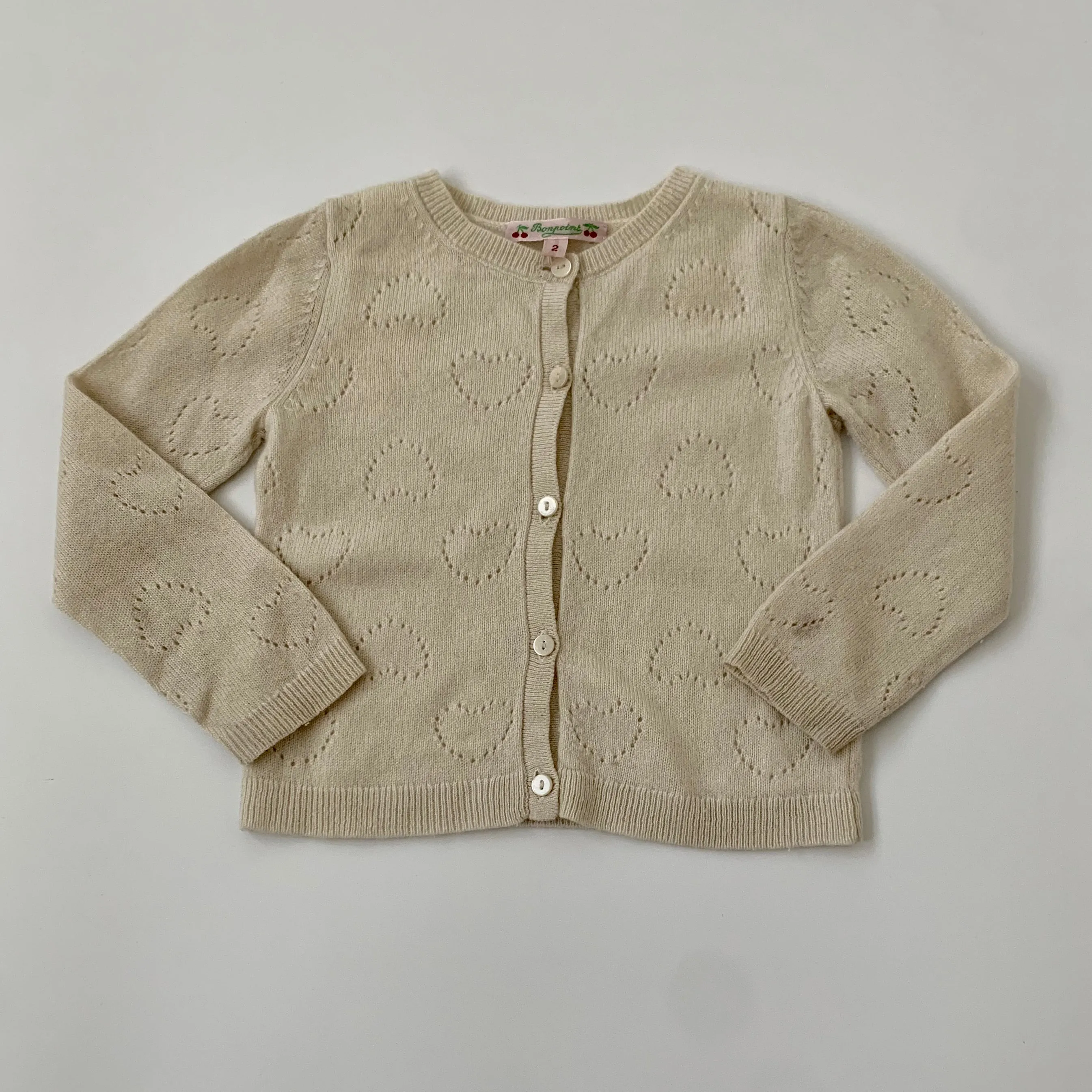 Bonpoint Cream Heart Embossed Cashmere Cardigan: 2 Years