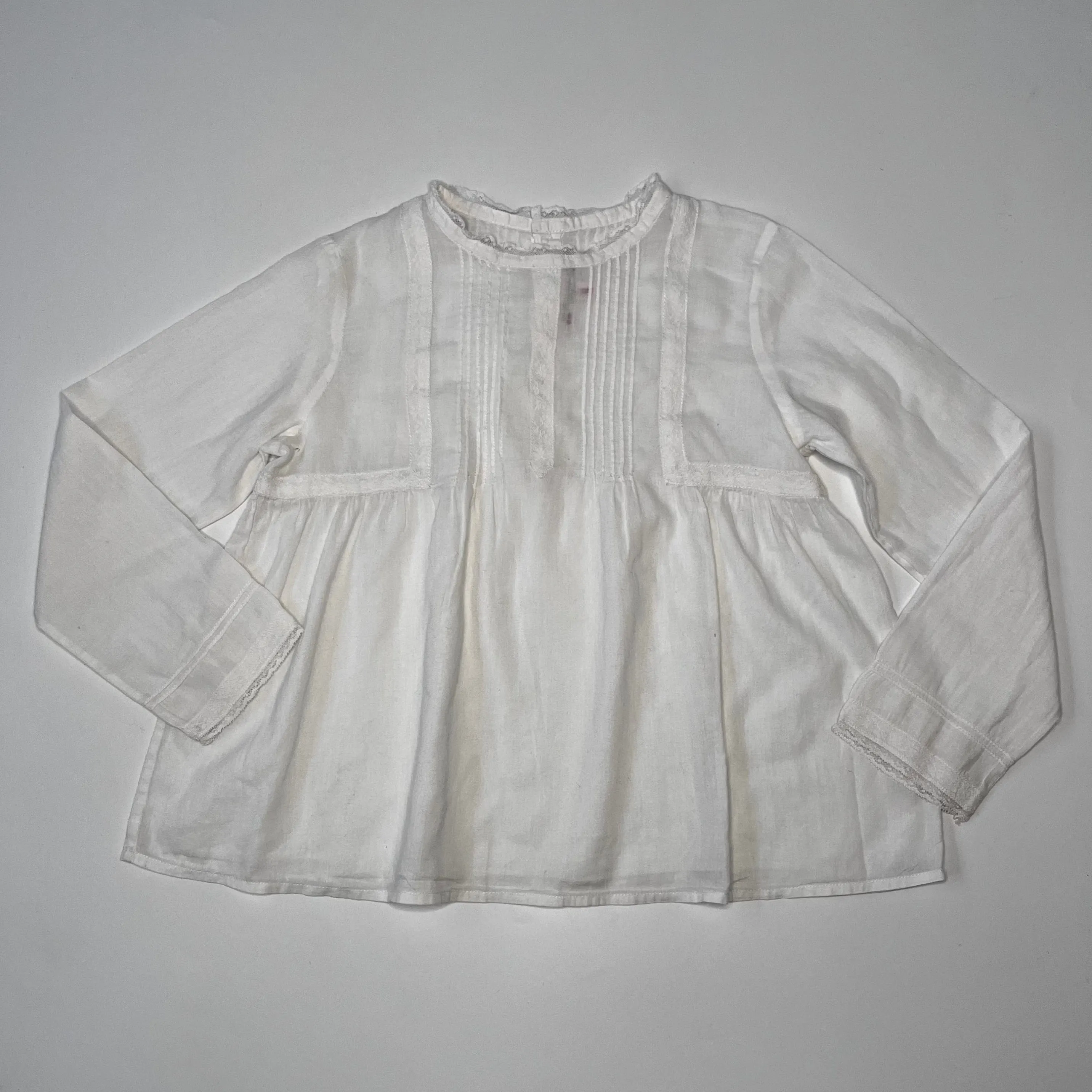 Bonpoint White Cotton Pintuck Blouse With Lace Trim: 6 Years