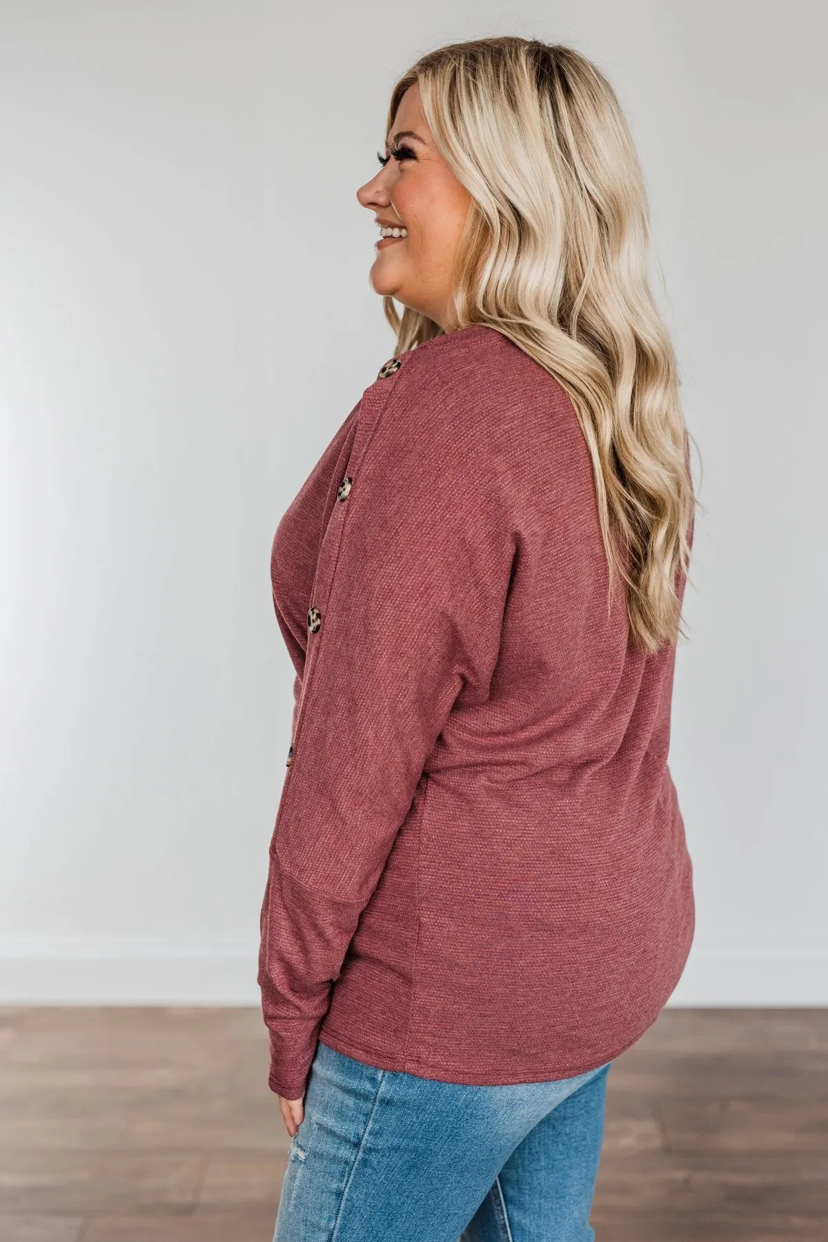 Buttoned Beauty Boat Neck Top- Wine