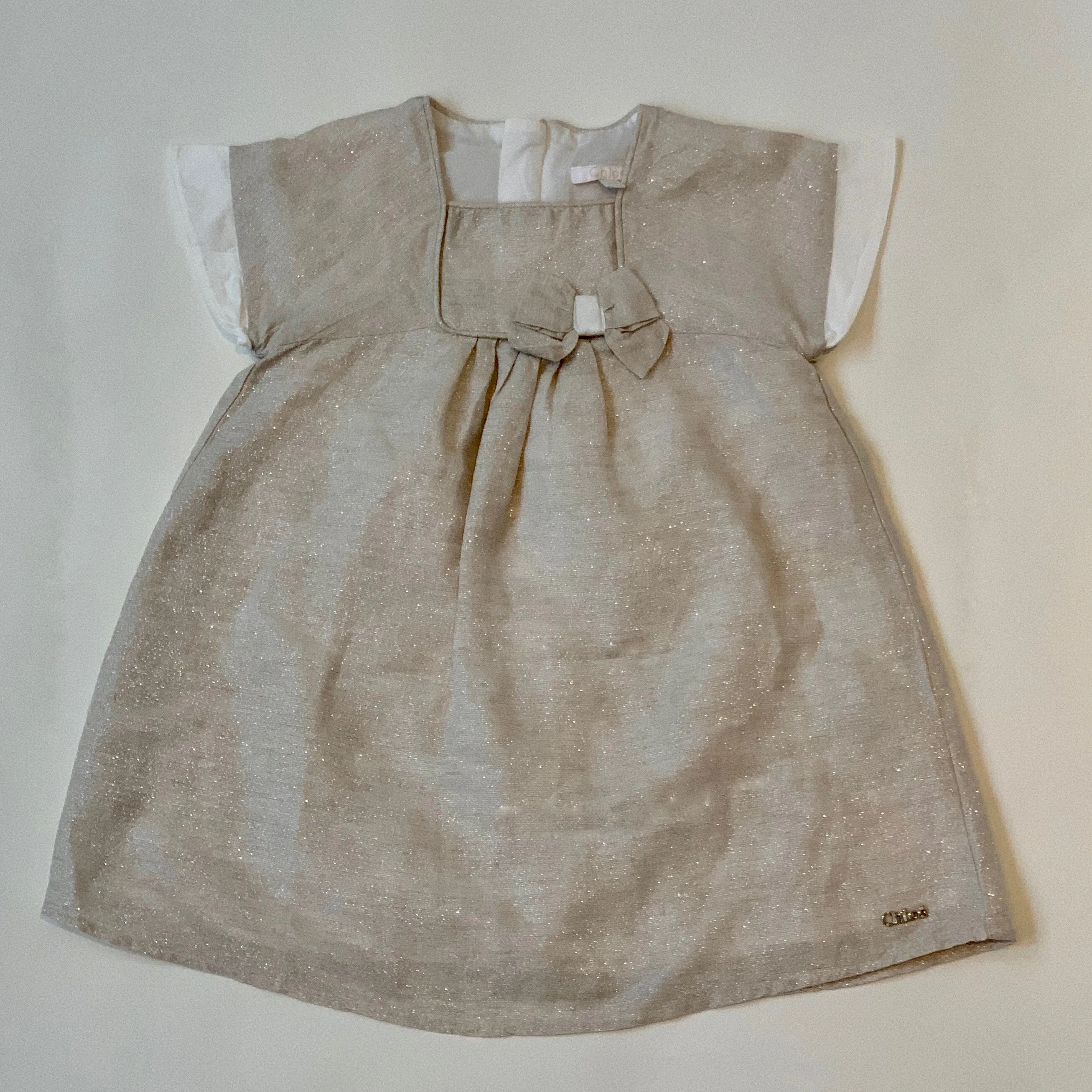 Chloé Taupe Metallic Dress With Bow: 9 Months