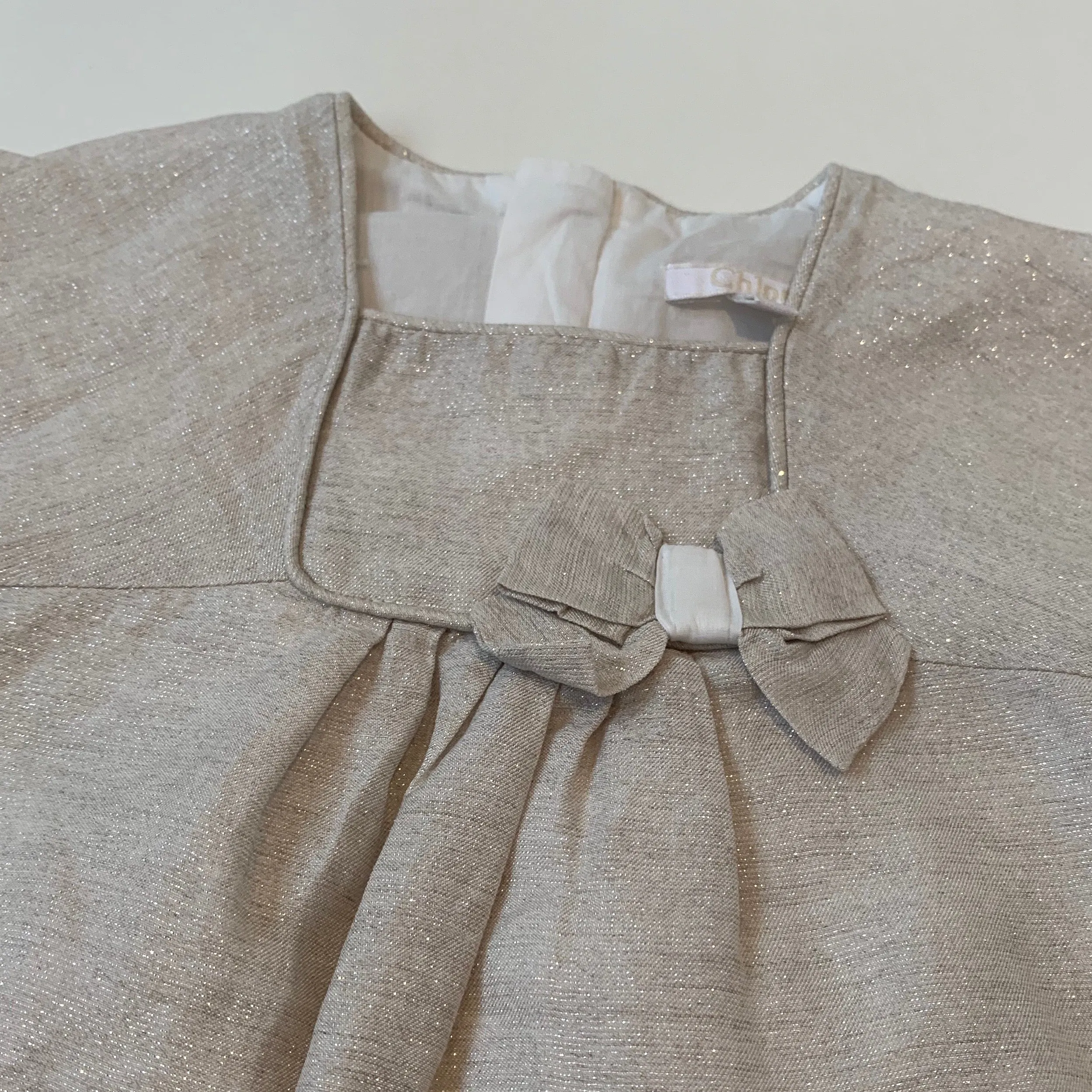 Chloé Taupe Metallic Dress With Bow: 9 Months