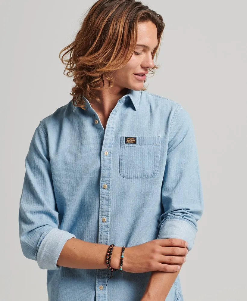 Cotton Workwear Long Sleeve Shirt | Light Wash Herringbone