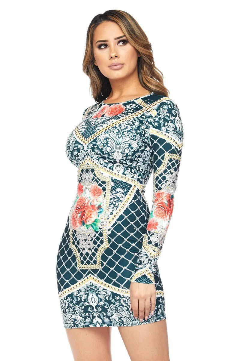 Demi Floral Print Long Sleeve Bodycon Dress