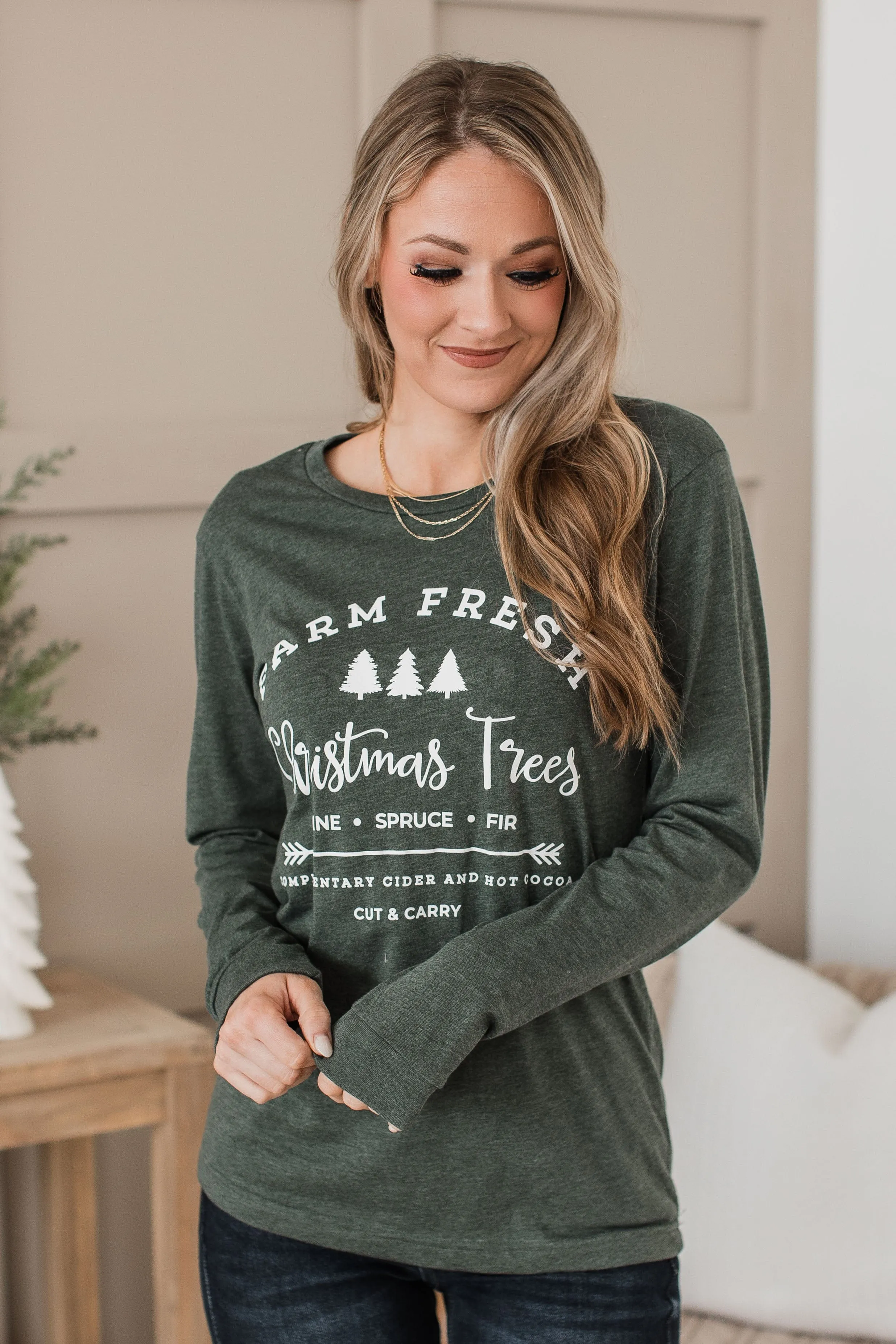 Farm Fresh Christmas Trees Long Sleeve Graphic Top- Hunter Green