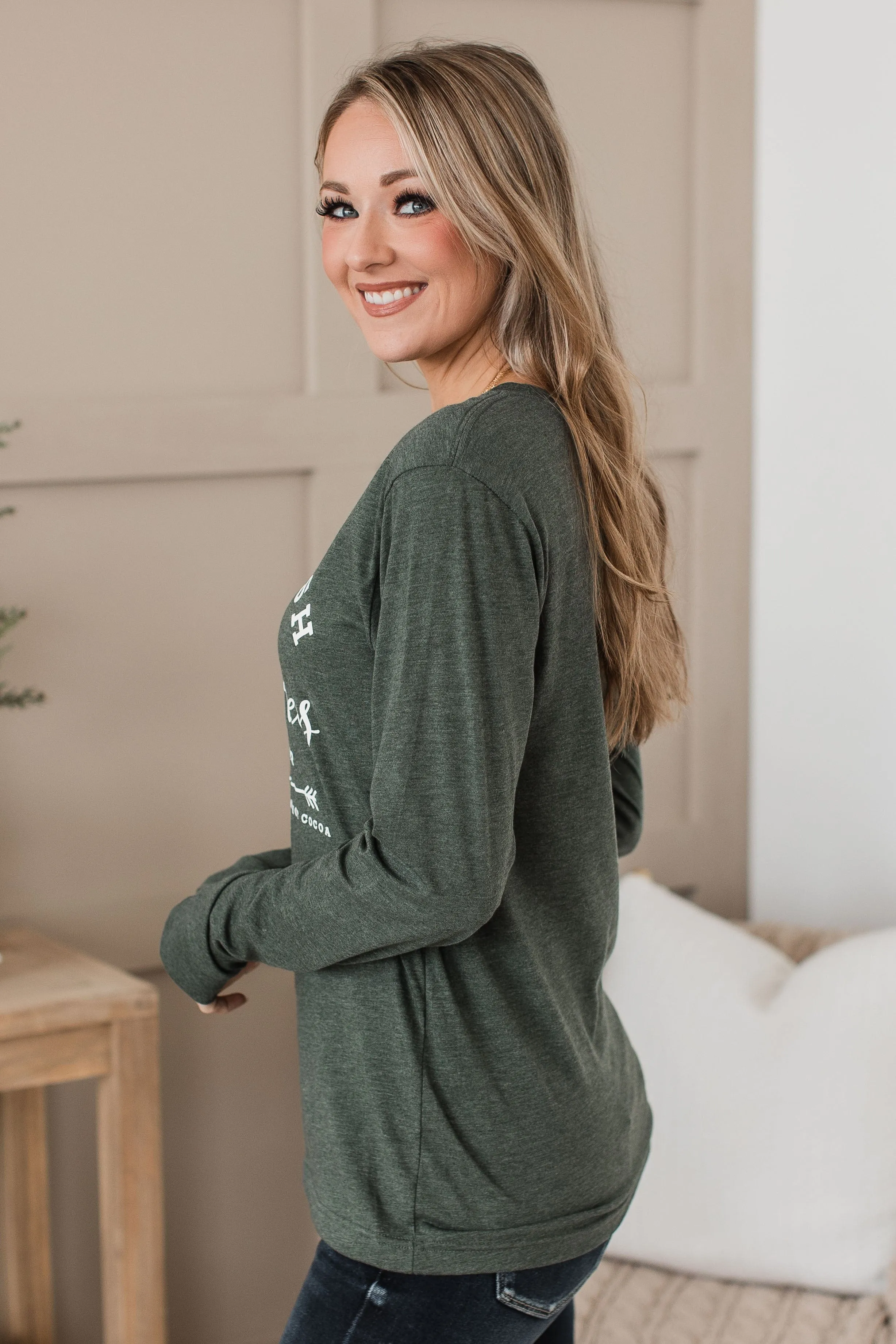 Farm Fresh Christmas Trees Long Sleeve Graphic Top- Hunter Green