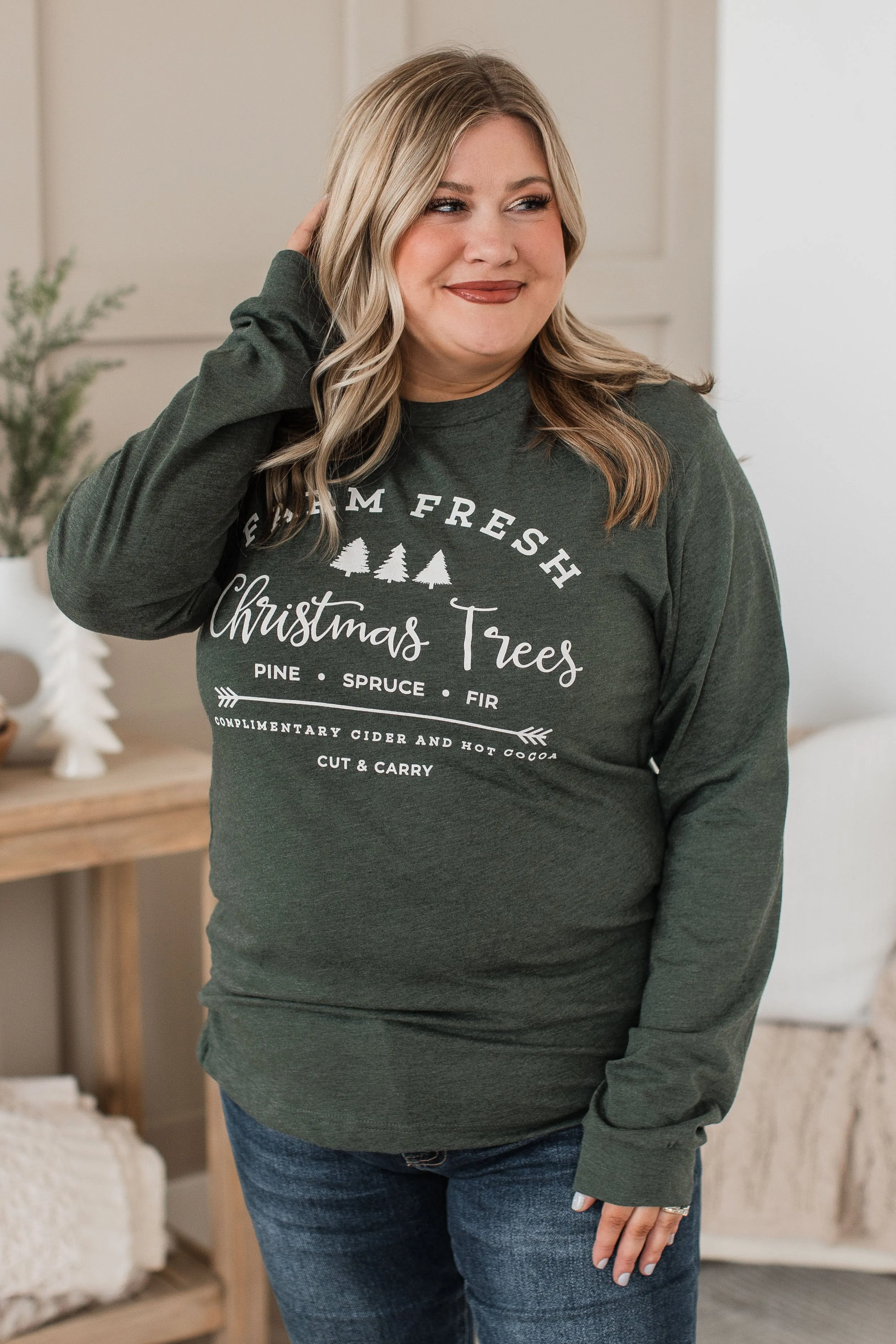 Farm Fresh Christmas Trees Long Sleeve Graphic Top- Hunter Green