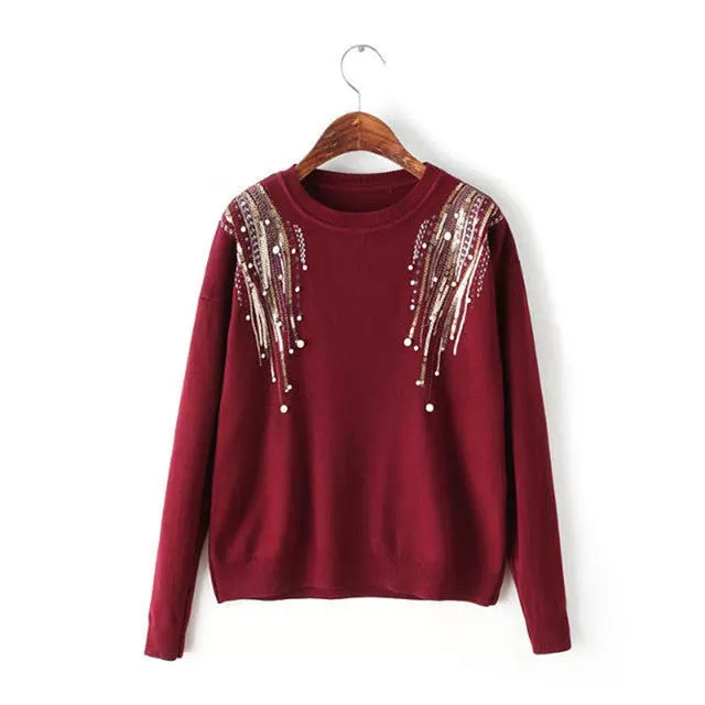 Female Sweater New Autumn Winter Plus Size KnittedO-neck Pullovers Full Sleeve Hot  Sequined Bling Outwear 72061 SM6