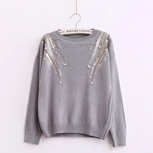 Female Sweater New Autumn Winter Plus Size KnittedO-neck Pullovers Full Sleeve Hot  Sequined Bling Outwear 72061 SM6