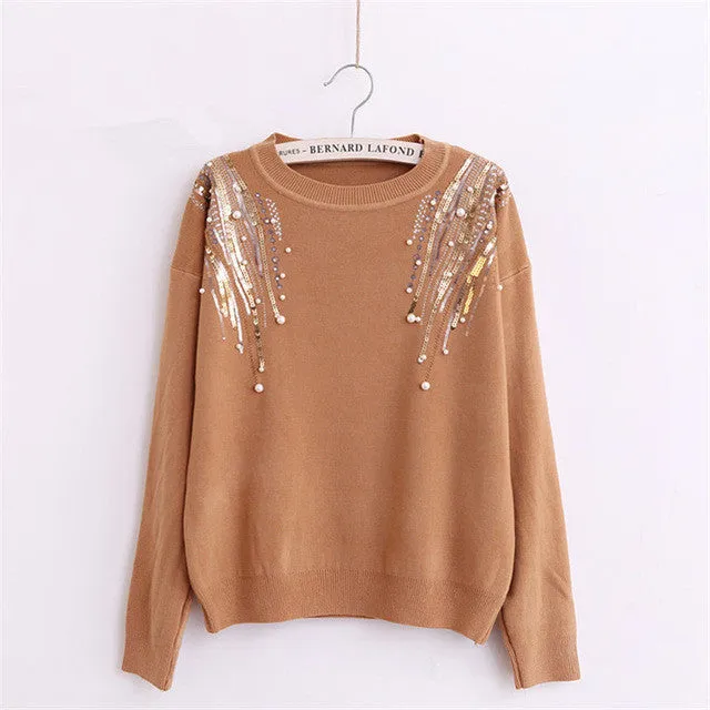 Female Sweater New Autumn Winter Plus Size KnittedO-neck Pullovers Full Sleeve Hot  Sequined Bling Outwear 72061 SM6