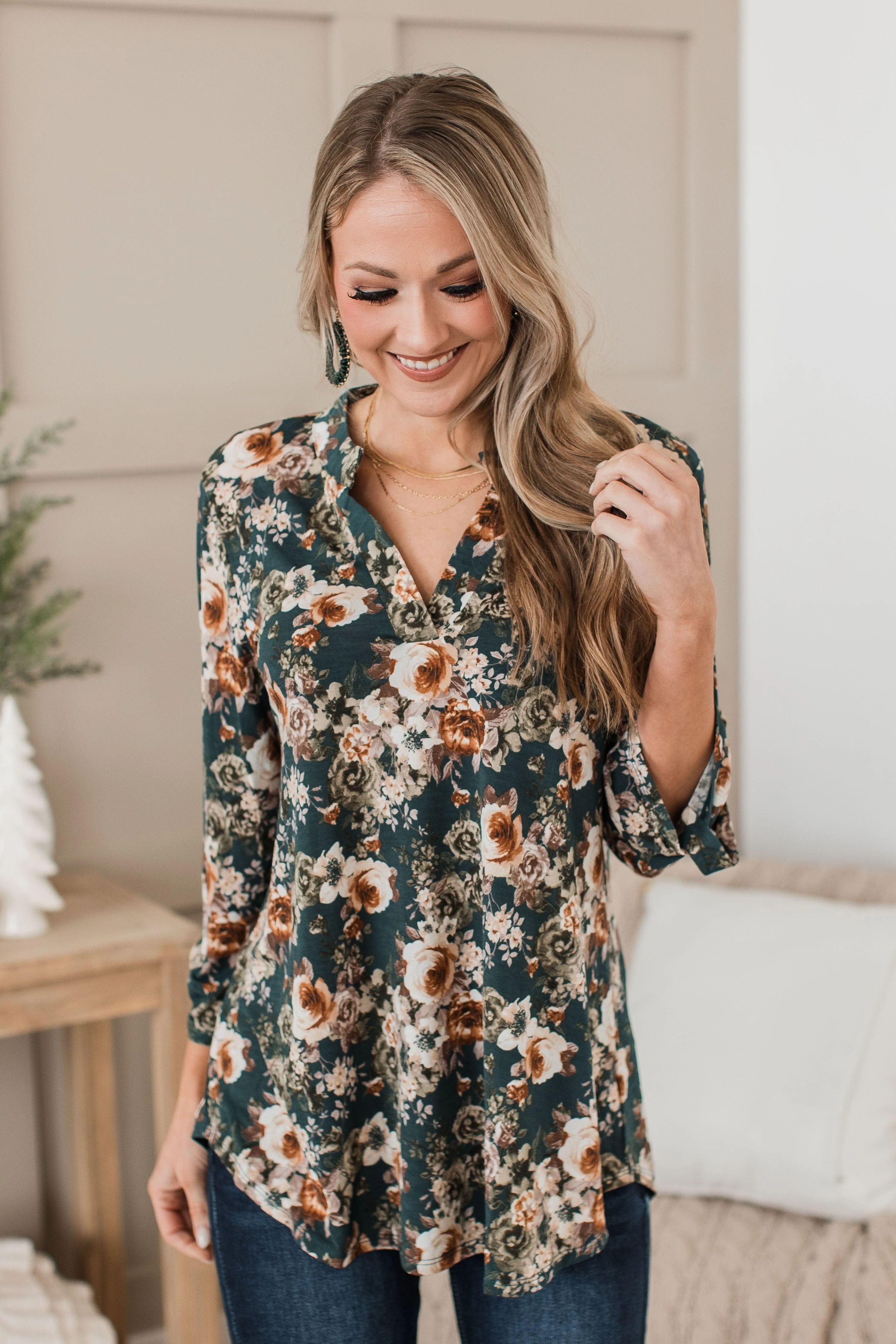 Floral Aromas V-Neck Blouse- Hunter Green