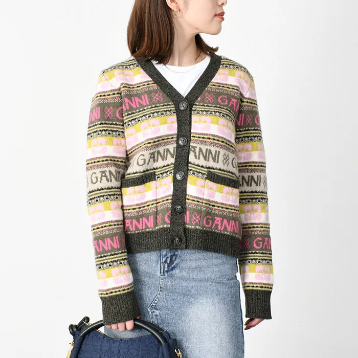 Ganni  |Casual Style Wool Long Sleeves Logo Cardigans