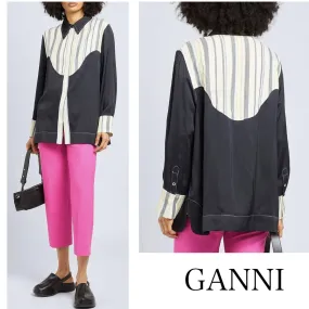 Ganni  |Stripes Long Sleeves Cotton Logo Shirts & Blouses