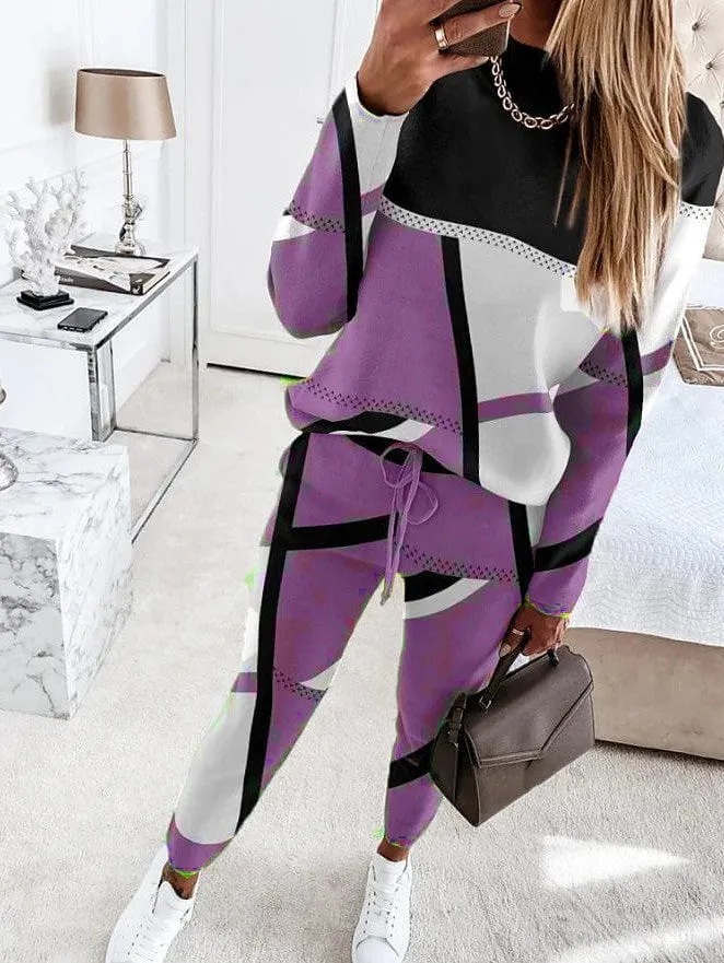 Geometric Color Block Women's Sweatshirt Tracksuit Pants Set